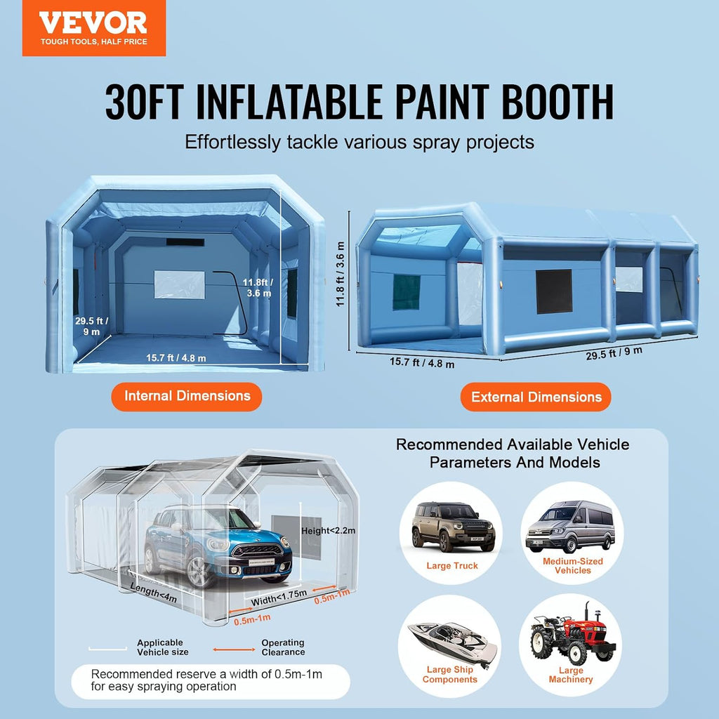 VEVOR Inflatable Paint Booth, Portable Car Paint Booth for Large Truck, 29.5 x 15.7 x 11.8 ft, with 950W+750W Powerful Blowers and Air Filter System, Van, Machinery