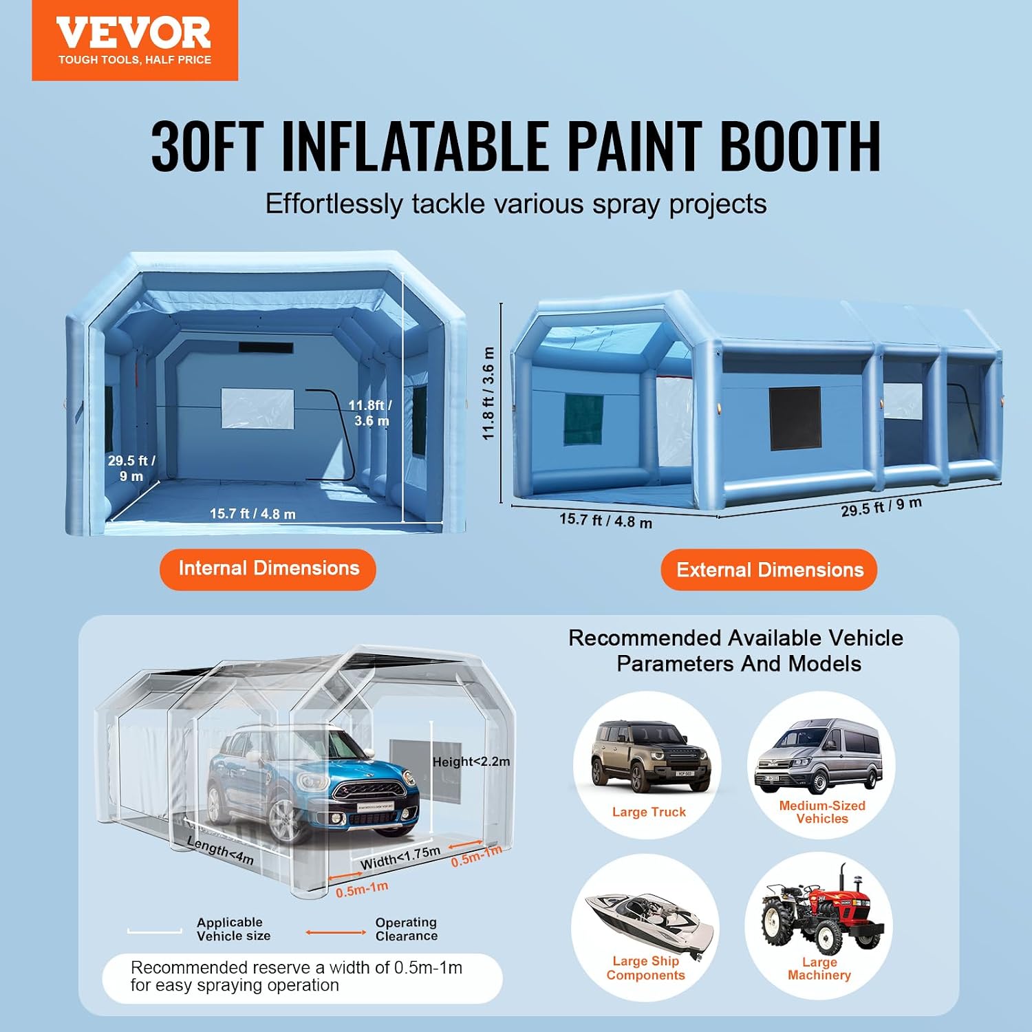 VEVOR Inflatable Paint Booth, Portable Car Paint Booth for Large Truck, 29.5 x 15.7 x 11.8 ft, with 950W+750W Powerful Blowers and Air Filter System, Van, Machinery