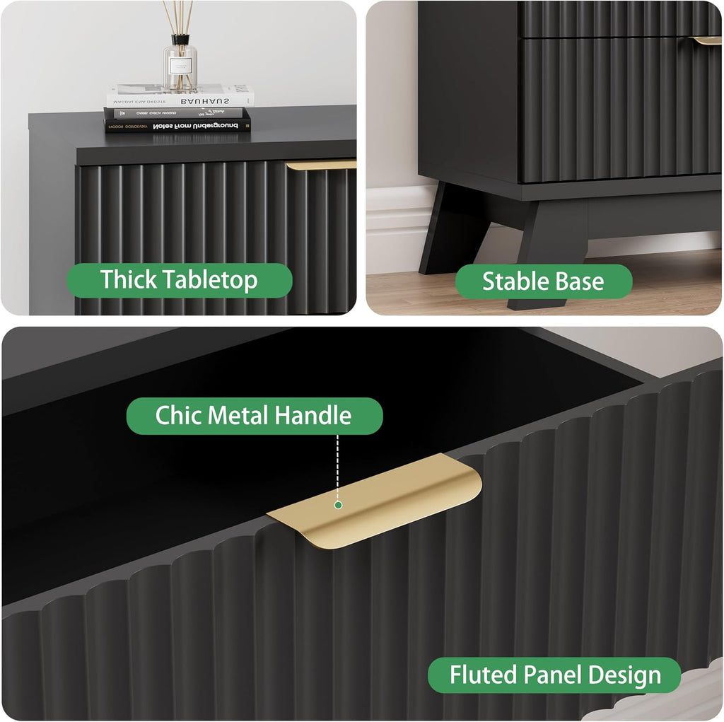 Fluted Dresser for Bedroom with 3 Drawers, 24' Wide Modern Chest of Drawers with Metal Handle, Wooden Dresser TV Stand, Wood Closet Clothes Storage Drawer Organizer for Living Room, Hallway, Black