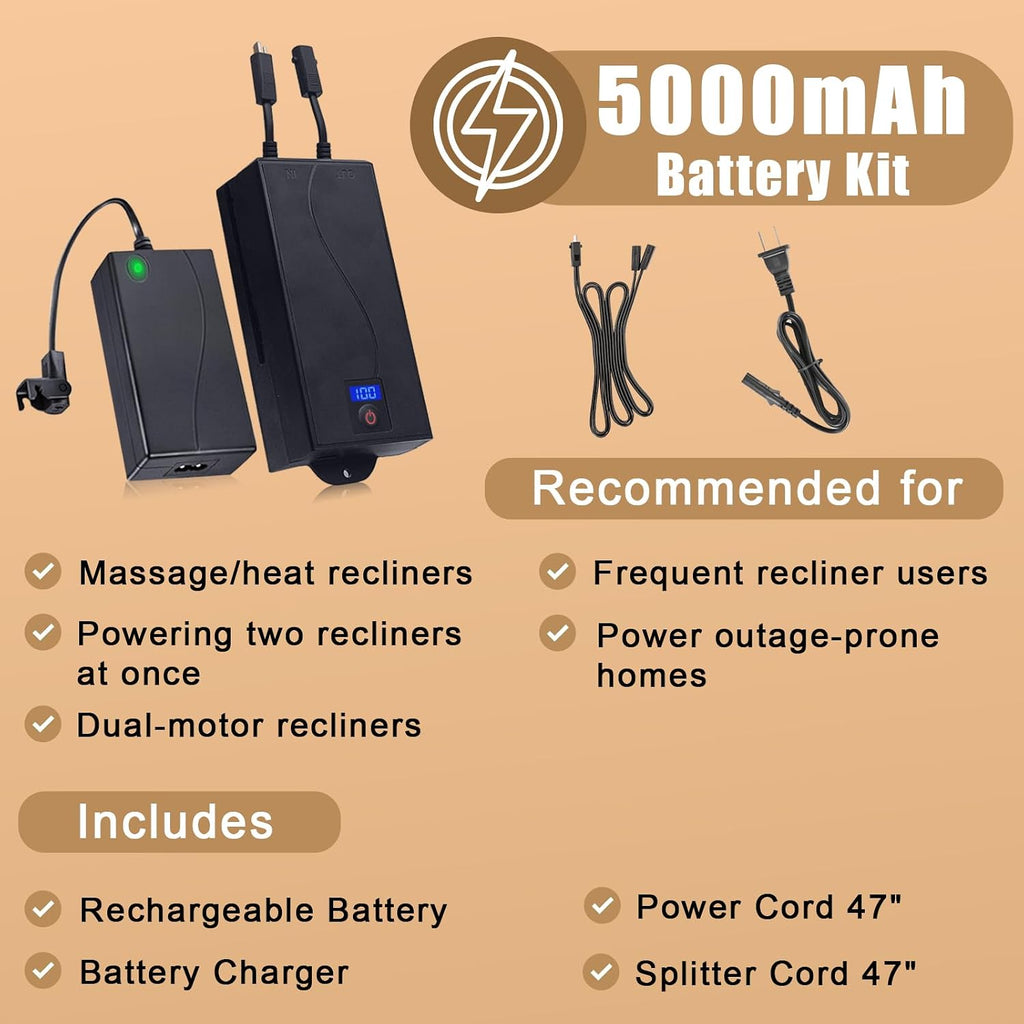 5000mAh Universal Battery Pack for Reclining Furniture, Rechargeable Wireless Power Supply Fits Furniture with 2-Pin Connection, Batteries for Electric Sofas, Couch, Power Recliner Chair