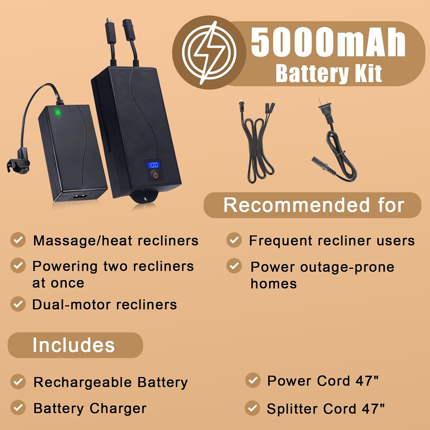 5000mAh Universal Battery Pack for Reclining Furniture, Rechargeable Wireless Power Supply Fits Furniture with 2-Pin Connection, Batteries for Electric Sofas, Couch, Power Recliner Chair