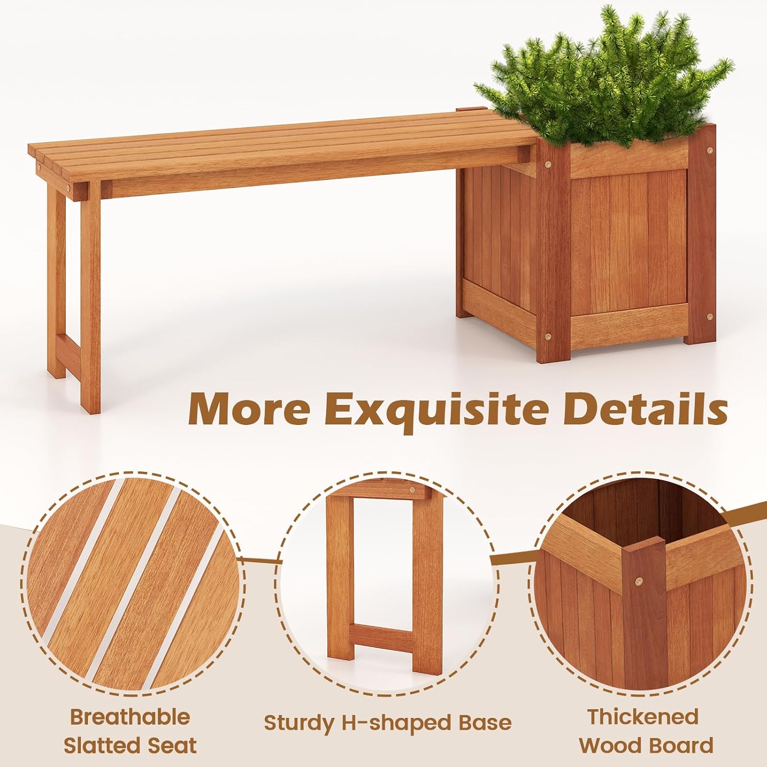 2 Benches with Planter Boxes, 2 in 1 Wooden Flower Box Kit with Seat, Open-Ended Base & Slotted Construction, Outdoor Plant Container for Garden, Yard, Balcony (Natural)