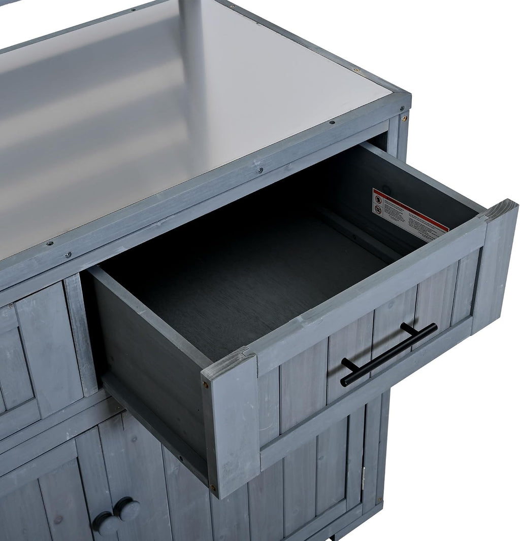 64.9'' H Large Patio Kitchen Island Cart,Solid Wood Grill Prep BBQ Table,Garden Potting Bench with Stainless Table Top,3 Movable Shelves and 2 Drawers (Gray-k)