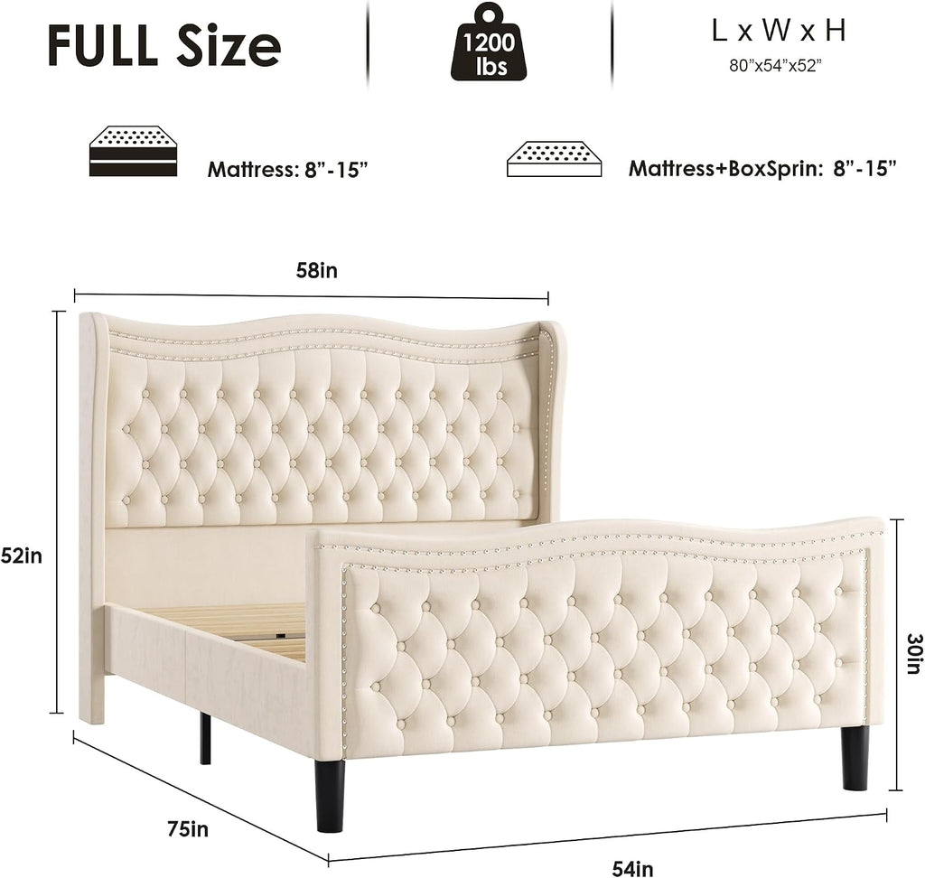 Full Bed Frame with Tall Headboard & Footboard, Velvet Upholstered Platform Bed Frame with Deep Button Tufted Wingback, No Box Spring Needed, Noise Free, Beige