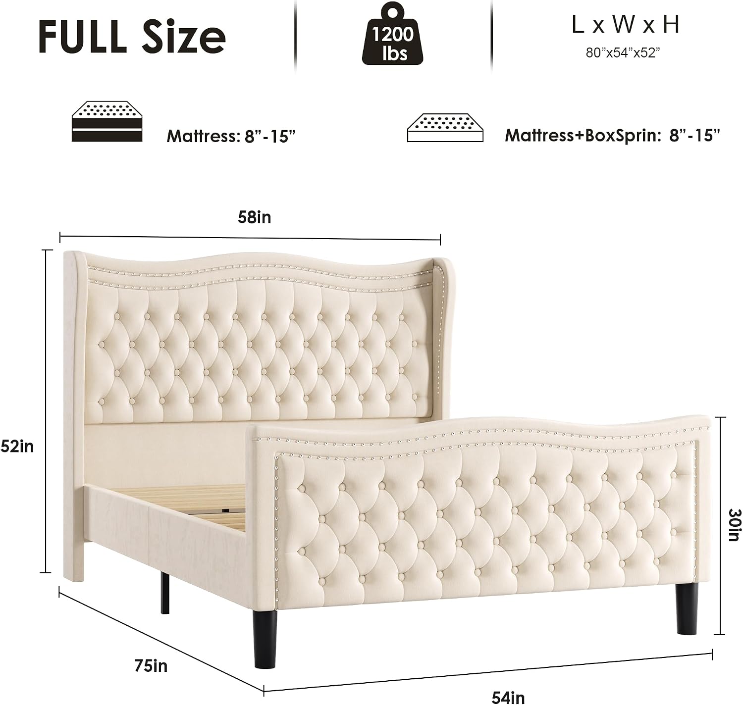 Full Bed Frame with Tall Headboard & Footboard, Velvet Upholstered Platform Bed Frame with Deep Button Tufted Wingback, No Box Spring Needed, Noise Free, Beige