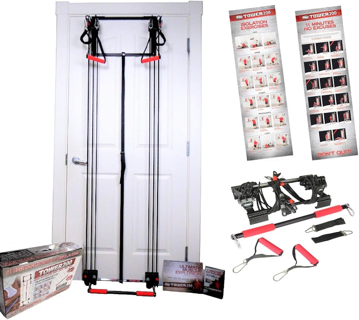 Tower 200, Complete Gym, Door, Gym, Body Building, Workout Equipment Doorway Fitness, Exercise Bands, Resistance Bands Set Men Weight Loss, Body Tower, x Factor, Anti Aging, Women, Free Straight bar