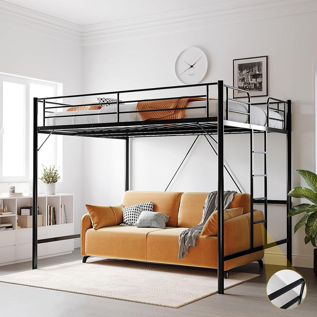 VINGLI Queen Loft Bed with Flat Rungs for Adults, Kids and Young Teens, No Box Spring Required,Heavy Duty Metal Slat Support, Black