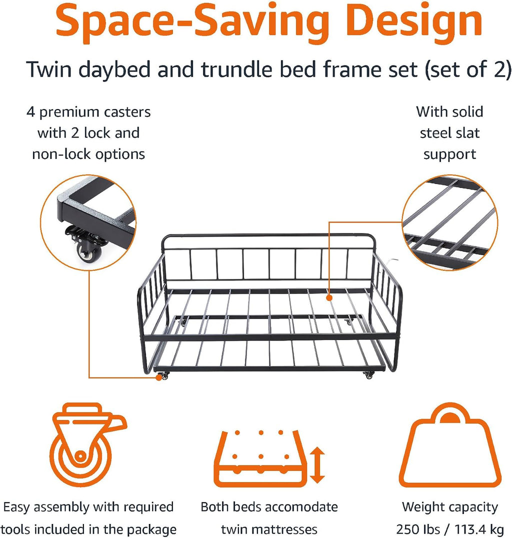 Amazon Basics Twin Daybed and Trundle Bed Frame Set, Space Saving Steel Slat Support, Easy Assembly, Twin Size, Black, 77.3 x 40 x 35.4 in