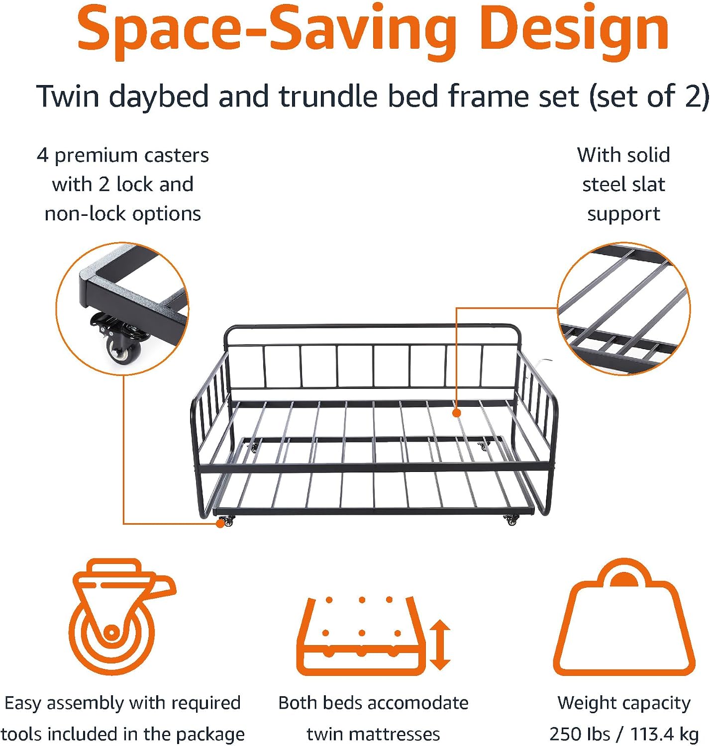 Amazon Basics Twin Daybed and Trundle Bed Frame Set, Space Saving Steel Slat Support, Easy Assembly, Twin Size, Black, 77.3 x 40 x 35.4 in