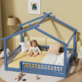 LLS Full House Floor Bed Frame with Fence, Wooden Montessori Playhouse Bed with Slats Support for Boys Girls, Mist Blue
