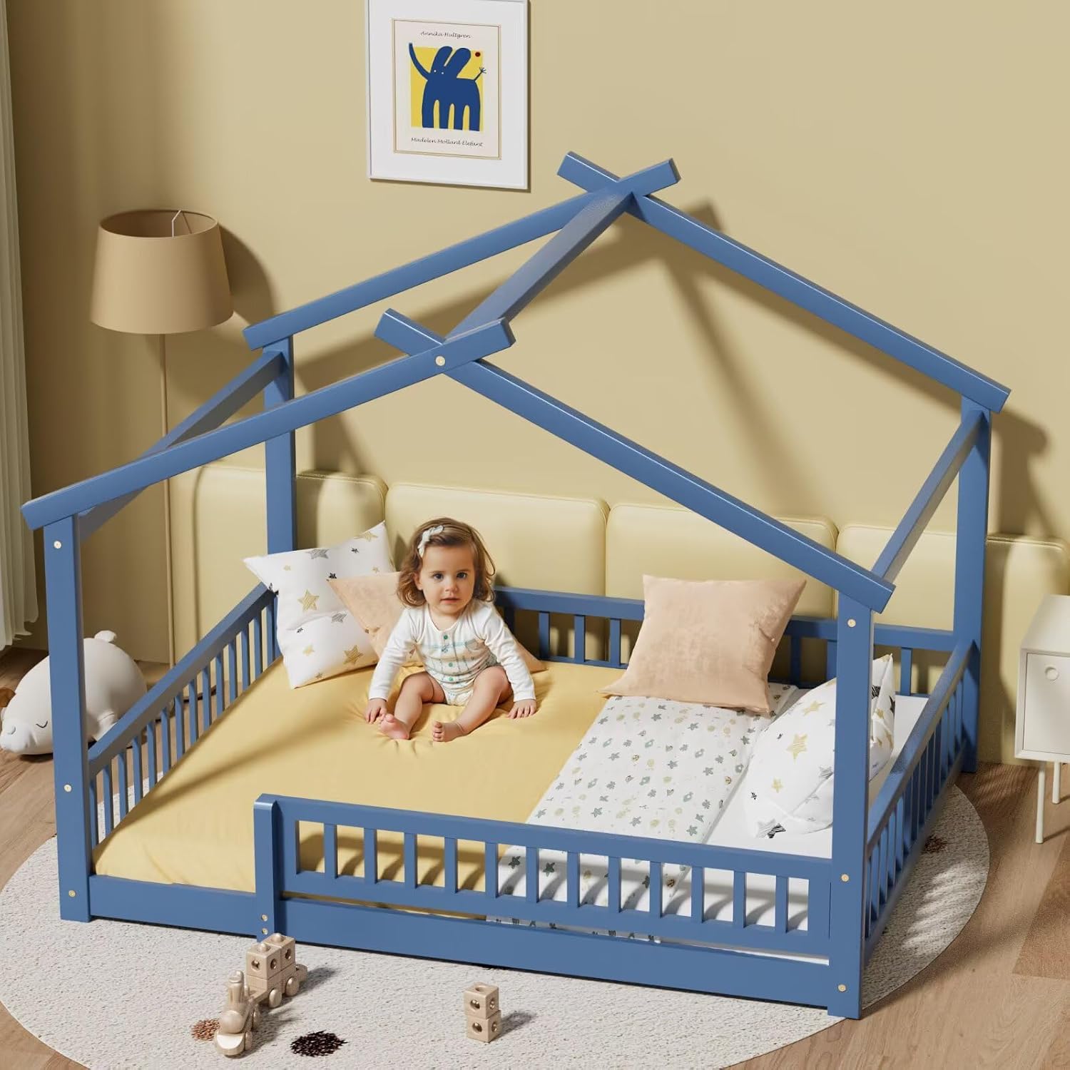 LLS Full House Floor Bed Frame with Fence, Wooden Montessori Playhouse Bed with Slats Support for Boys Girls, Mist Blue