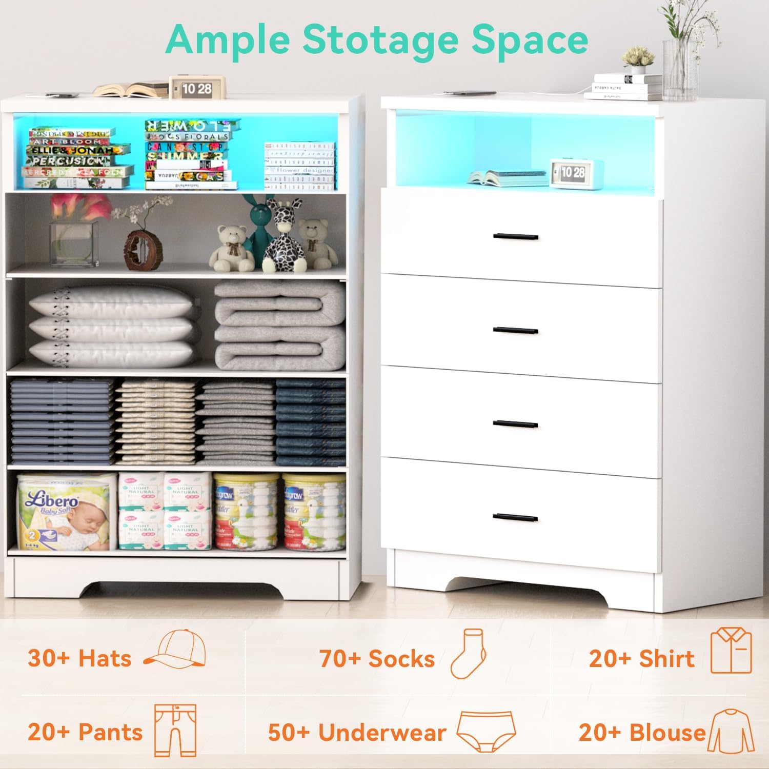 FJTJBSI Dresser with Power Outlets and LED Lights Wooden 4 Drawer Dresser with Large Organizer Tall White Drawer for Bedroom Modern Chest of Drawers Closet for Living Room Kids Room