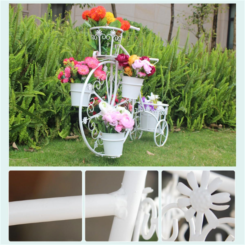 Moveable Plant Shelf for Indoor Outdoor,Heavy Duty Metal Multiple Plant Rack Holder,Creative European Style Bicycle Iron Flower Stand,Outdoor Garden Potting Bench Table,for Patio, Balcony,White