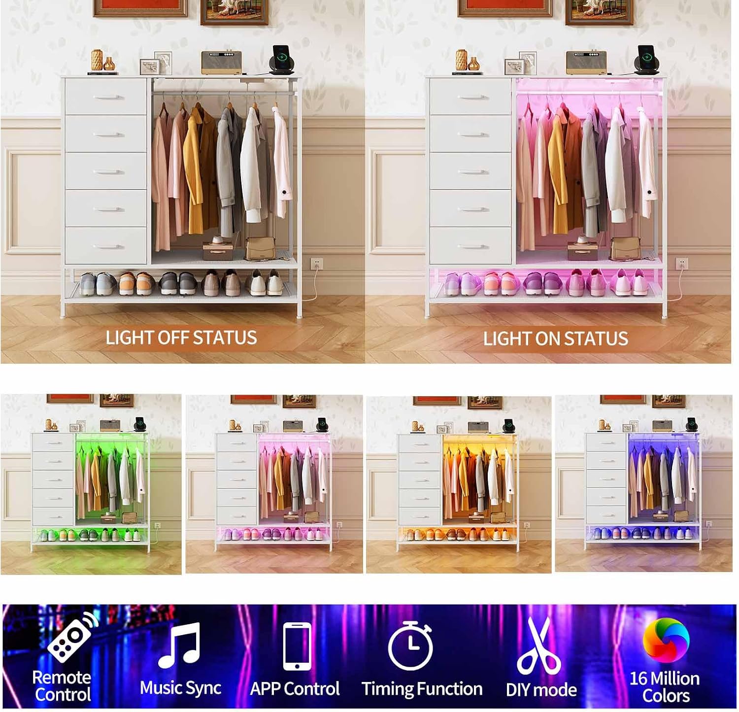 Dresser for Bedroom, Dresser with Hanging Rack Led Lights and Charging Station, White Bedroom Dresser with 5 Fabric Chest of Drawers with PU Finish Storage Organizer, for Living Room Hallway, White