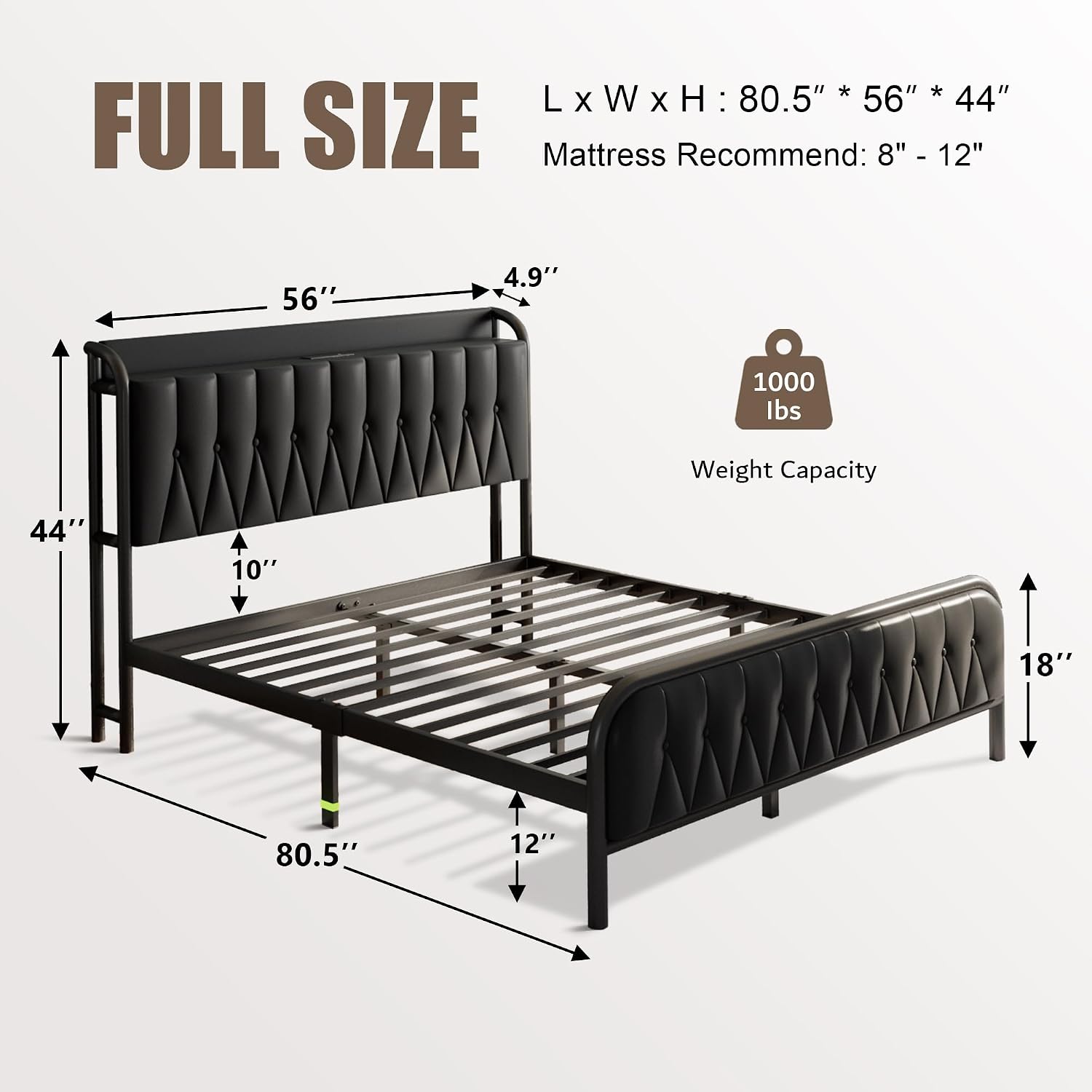 Einhomn Full Size Bed Frame with Charging Station, Platform Bed with Faux Leather Upholstered Storage Headboard & Footboard, 12' Underbed Space, Noise-Free, Easy Assembly, No Box Spring Needed, Black