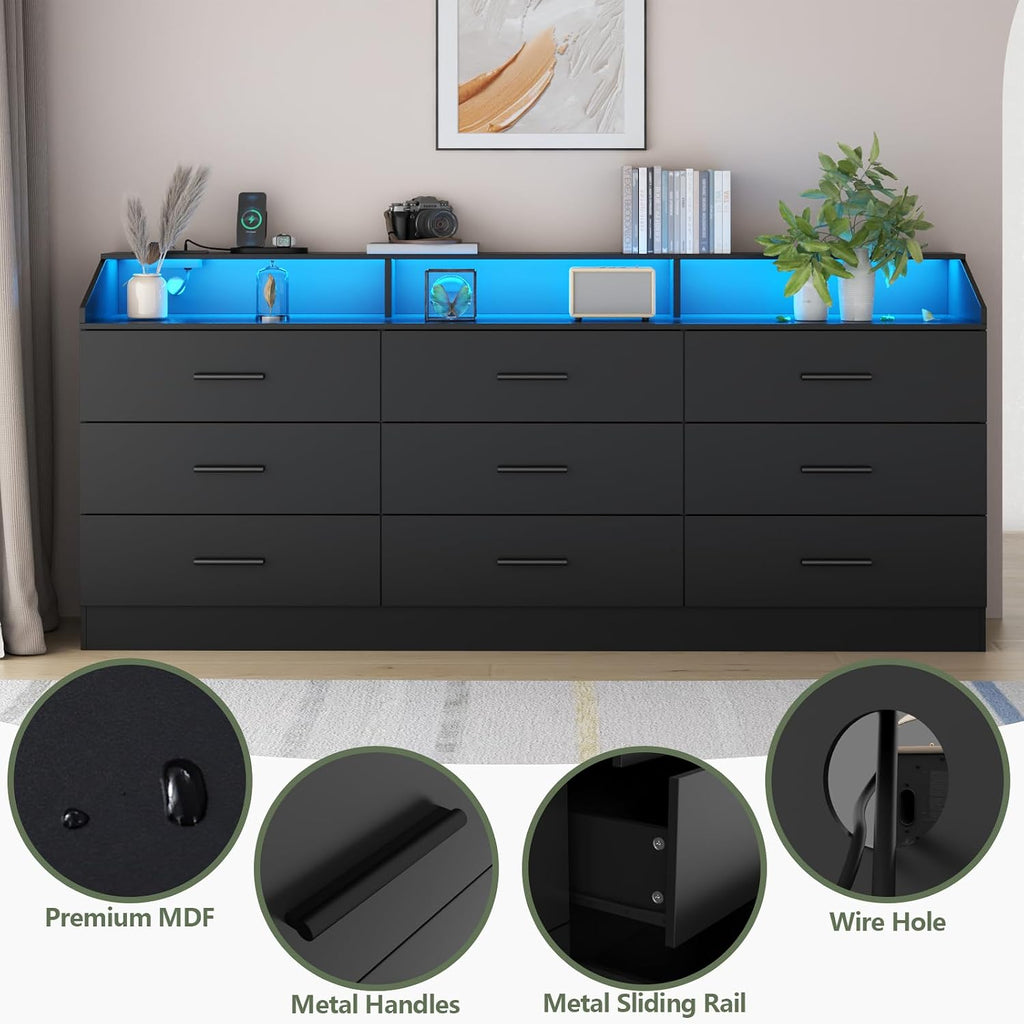 Gyfimoie 9 Drawers Dresser with Power Outlet, Black Dresser for Bedroom, Chest of Drawers with LED Light, Modern Dressers with Open Storage Cubby, Triple Wide Dressers Organizer for Living Room