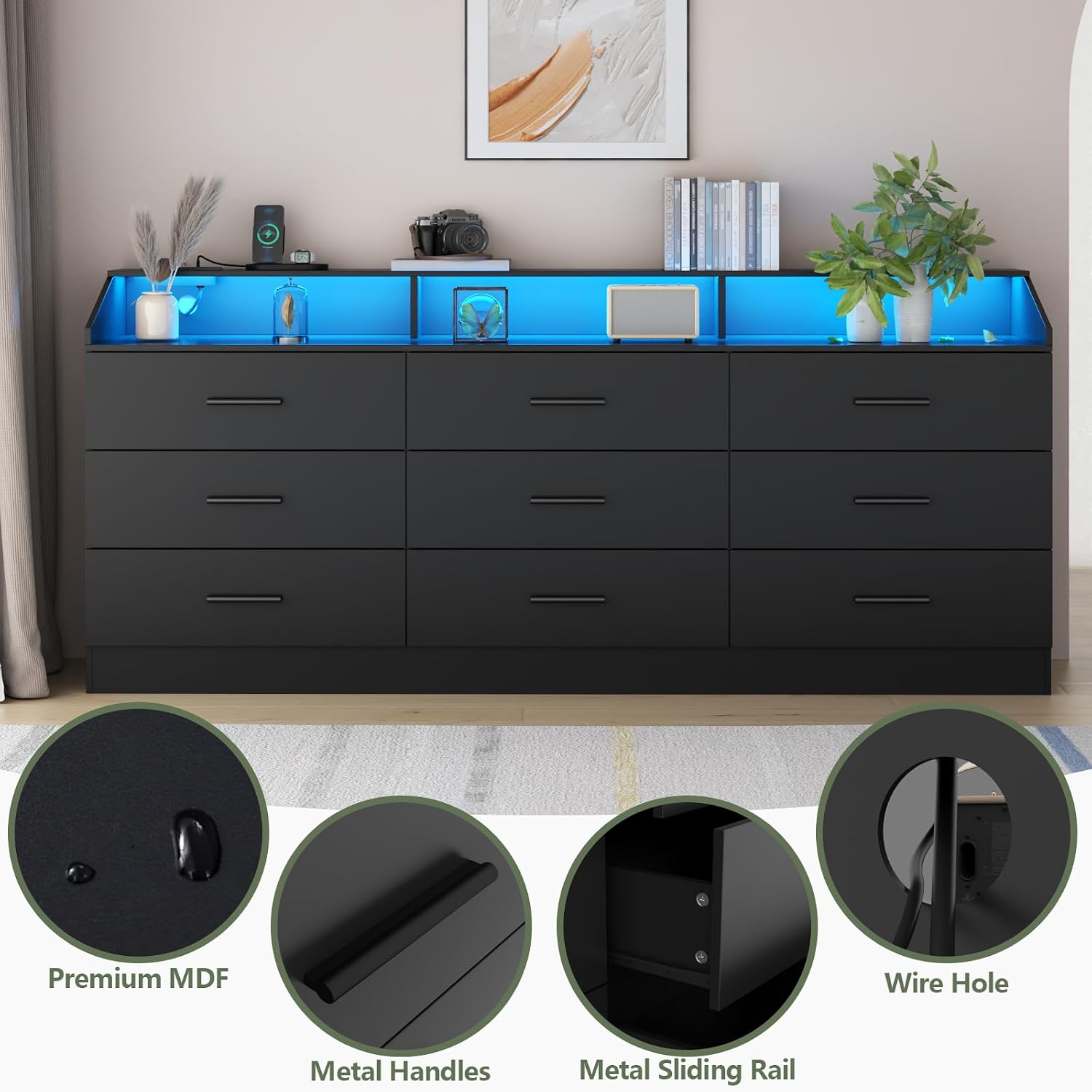 Gyfimoie 9 Drawers Dresser with Power Outlet, Black Dresser for Bedroom, Chest of Drawers with LED Light, Modern Dressers with Open Storage Cubby, Triple Wide Dressers Organizer for Living Room