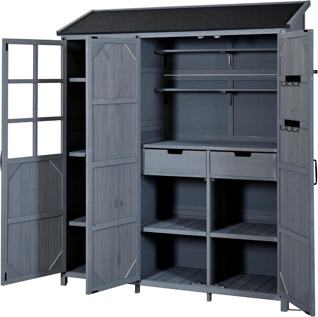 Outdoor Garden Storage Shed with Waterproof Roof, Farmhouse Potting Bench Table with 3 Doors Cabinets, 7 Storage Shelves, 2 Drawers, and 6 Hooks,Grey