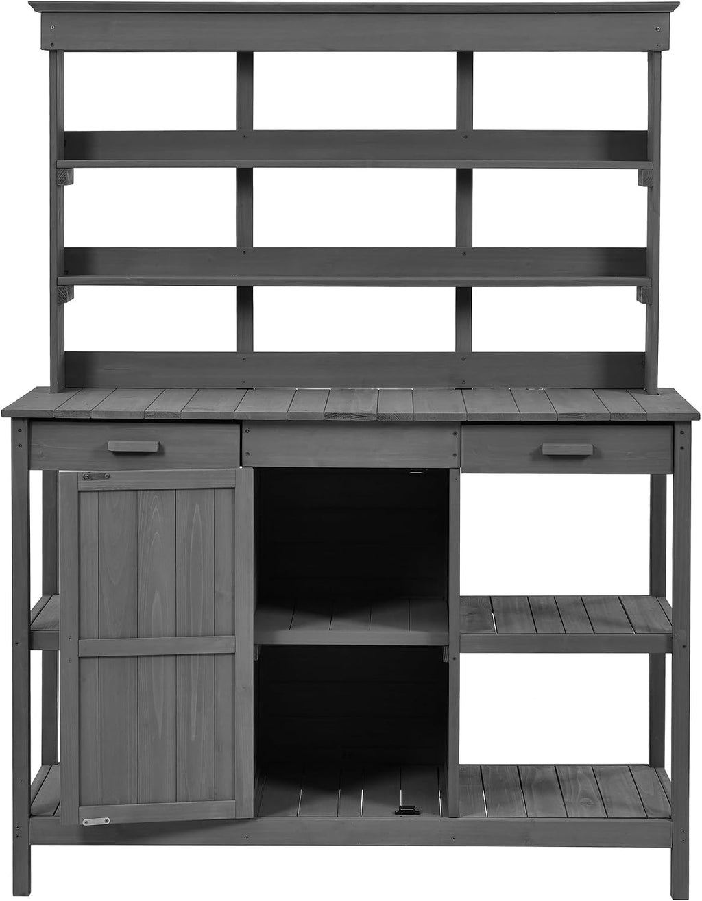 Outdoor Garden Potting Bench Table - 66' Large Wooden Potting Bench Table Garden Workstation with 2 Drawers, Cabinet and Open Shelves for Backyard, Mudroom, Gray