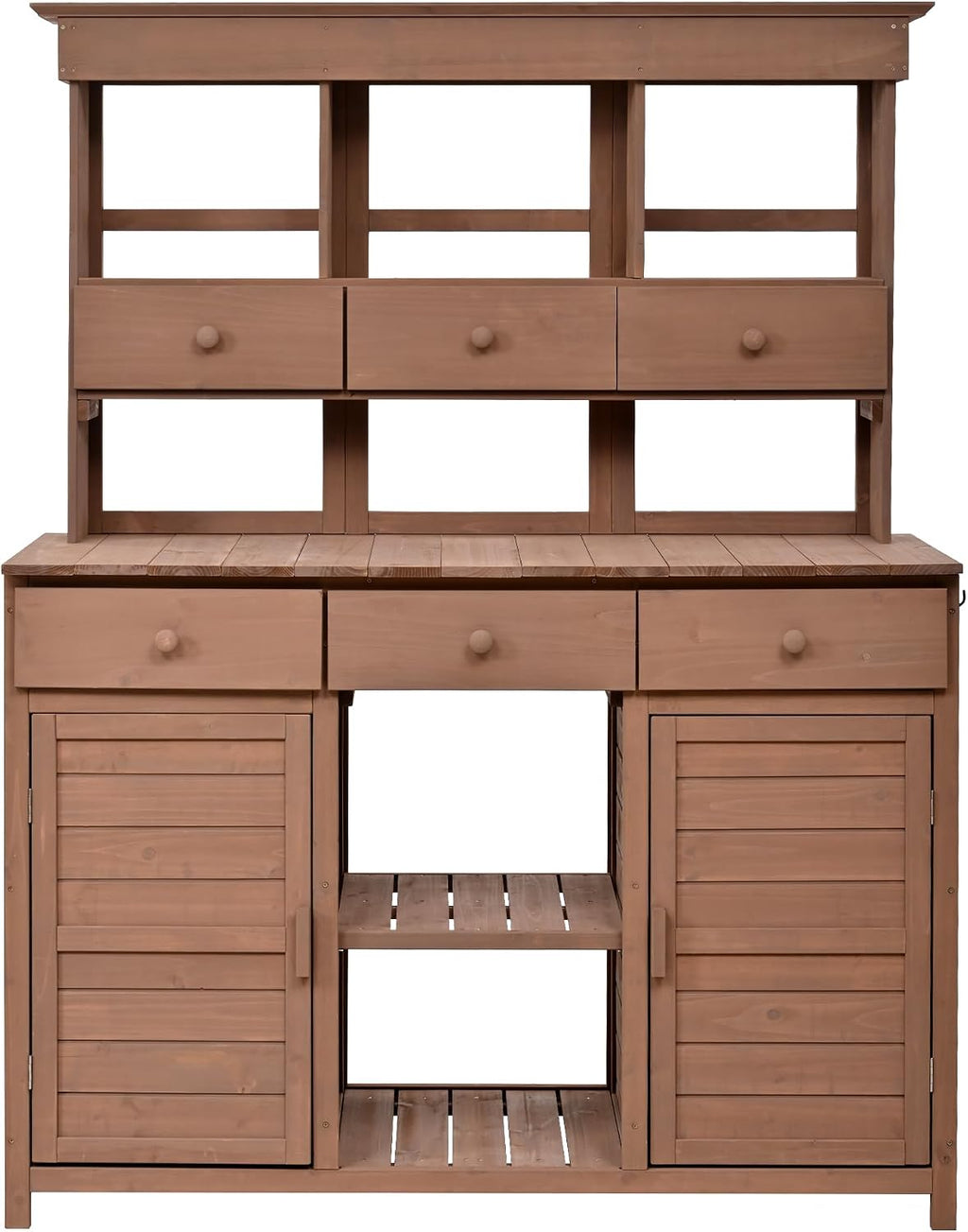 P PURLOVE Tall Garden Potting Bench Table with Hutch,Patio Storage Workstation with 3 Shelves,6 Drawers,2 Bottom Cabinets&Side Hooks for Mudroom,Doorway
