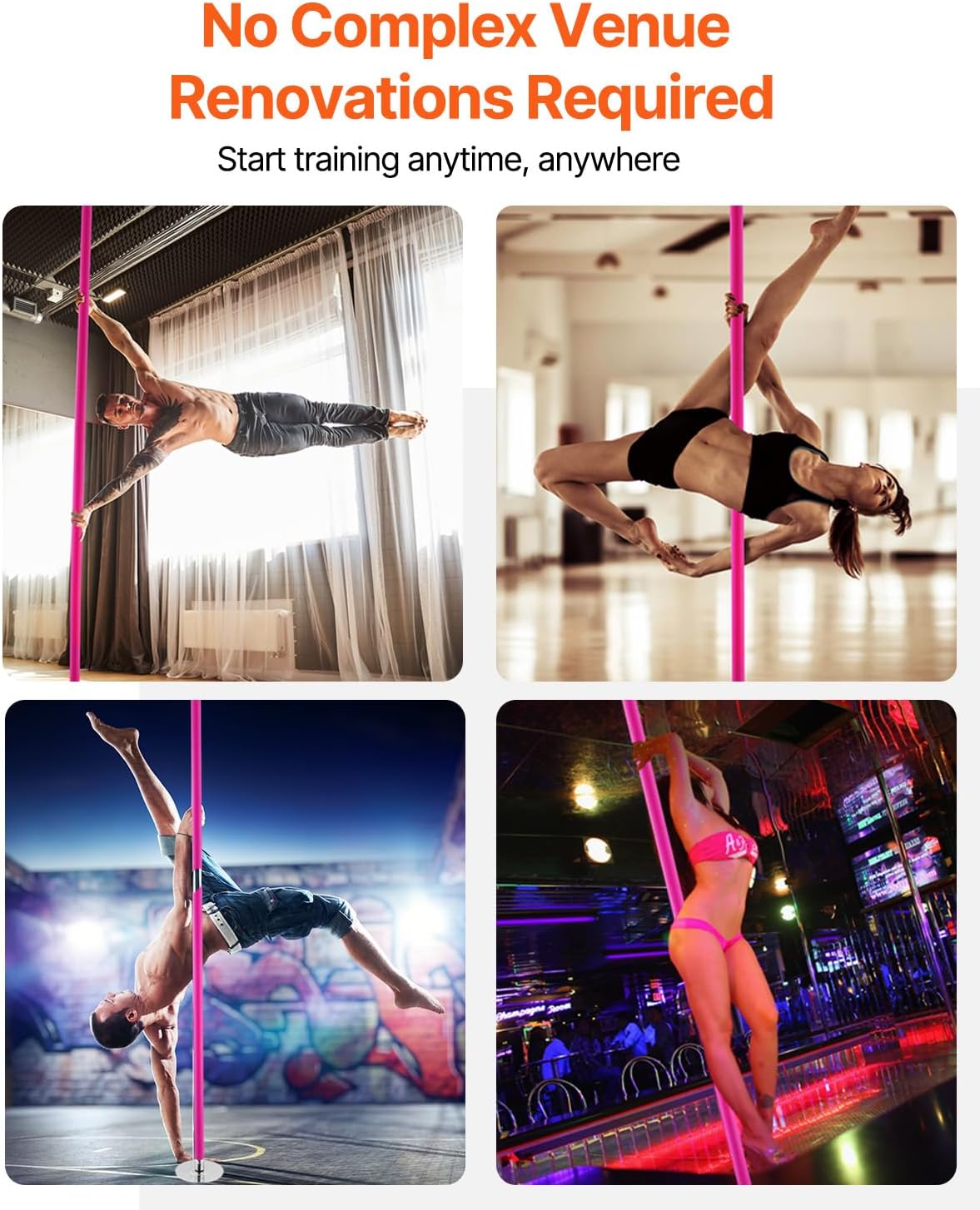 VEVOR Professional Dancing Pole, Spinning Static Dancing Pole Kit, Portable Removable Pole, 45mm Heavy-Duty Stainless Steel Pole, Height Adjustable Fitness Pole, for Exercise Home Club Gym, Silver
