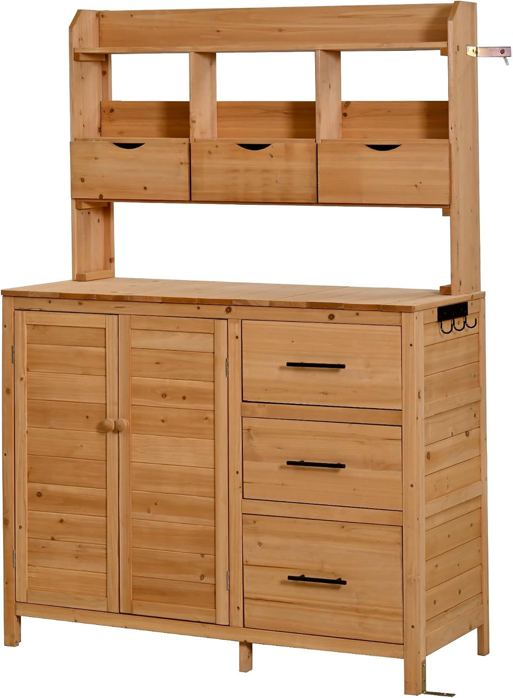 Farmhouse Patio Potting Bench with Storage Cabinet, 65' H Garden Workstation with 6 Drawers and Side Hooks, Outdoor Kitchen Island with Adjustable Shelf for Patio, Backyard, Natural