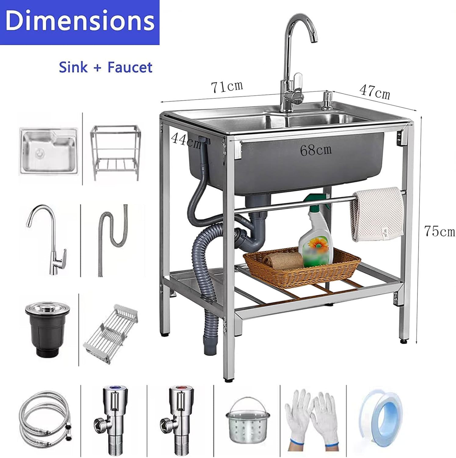 Kitchen Commercial Kitchen Sink, Wash Basin 304 Stainless Steel 1 Compartment Outdoor Workbench with 360° Hot and Cold Swivel Faucet Commercial Sinks for Outdoor Indoor