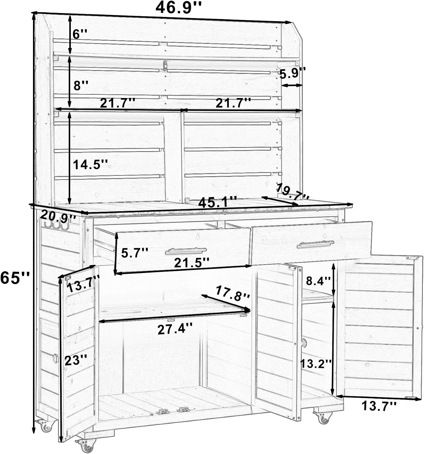 65''H Large Garden Potting Bench with Lockable Wheels and Storage,Wood Outdoor Kitchen Island Prep Cart with Hutch Top,Drawers and Removal Shelves for Grilling (Gray-LG)