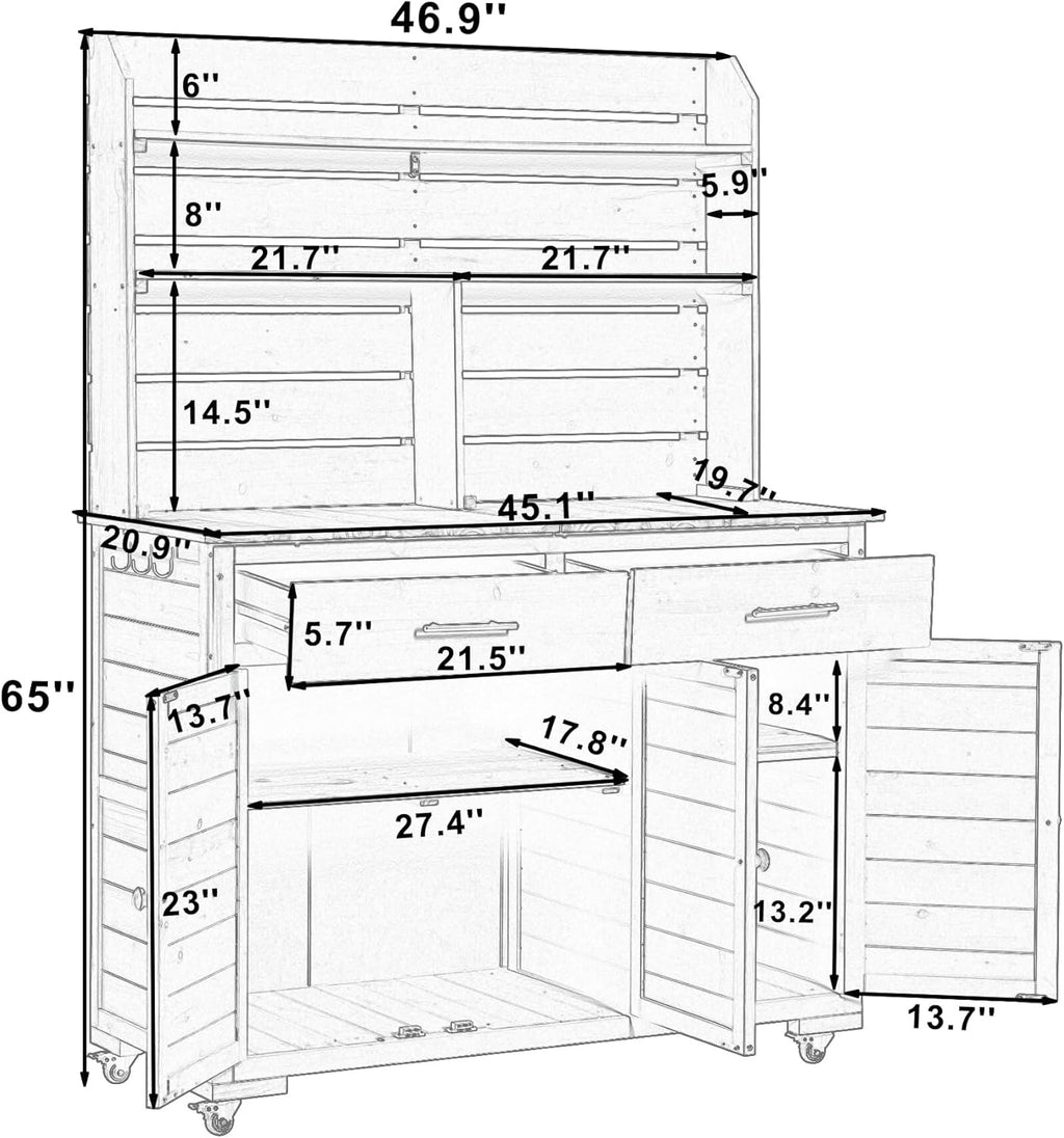 65''H Large Garden Potting Bench with Lockable Wheels and Storage,Wood Outdoor Kitchen Island Prep Cart with Hutch Top,Drawers and Removal Shelves for Grilling (Brown-LG)