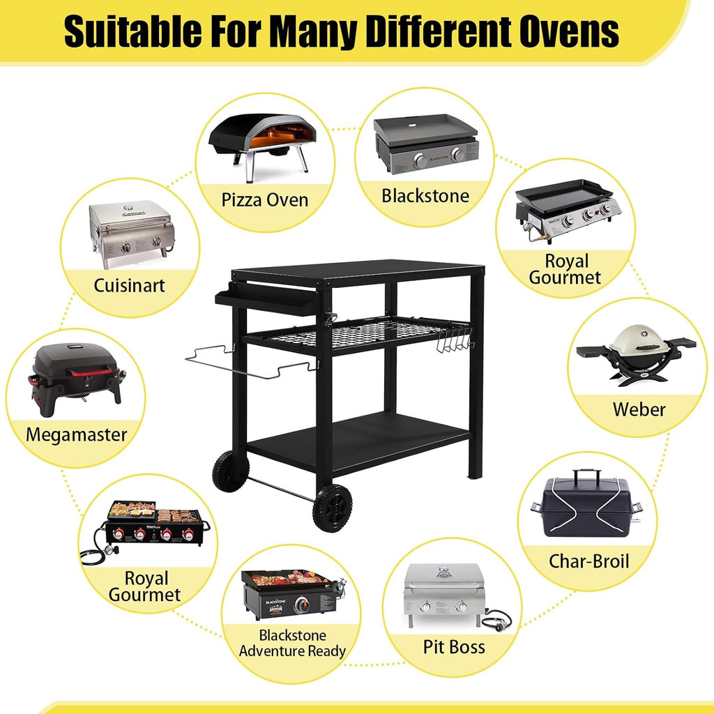 Outdoor Grill Cart,Grill Table with Three-Shelf,Movable Pizza Oven Table,Rolling Kitchen Cart,Grill Tables for Outside BBQ with Two Wheels Black