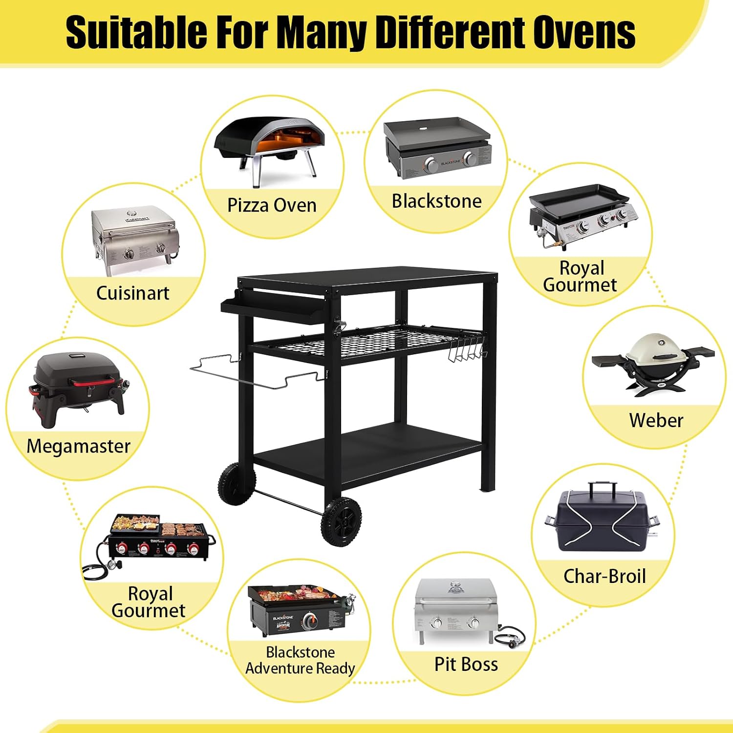 Outdoor Grill Cart,Grill Table with Three-Shelf,Movable Pizza Oven Table,Rolling Kitchen Cart,Grill Tables for Outside BBQ with Two Wheels Black