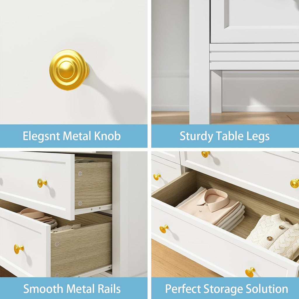 CARPETNAL White Dresser for Bedroom, 55 Inch 6 Drawer Dresser with Wide Drawer and Gold Handles, Woode Dressers & Chests of Drawers for Hallway, Entryway.