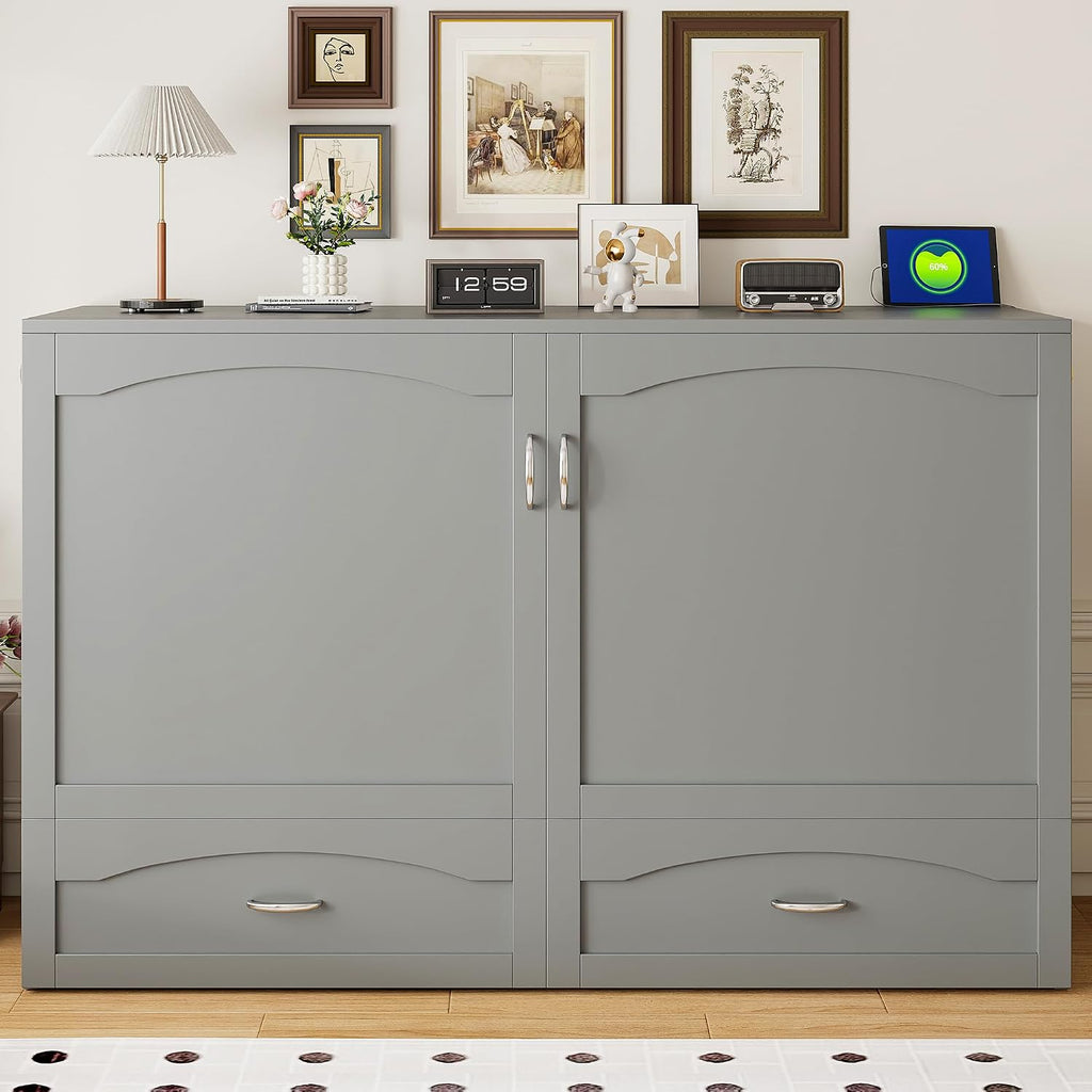 Merax Queen Size Murphy Bed Wall Bed with Drawer and a Set of Sockets & USB Ports, Pulley Structure Design, Gray
