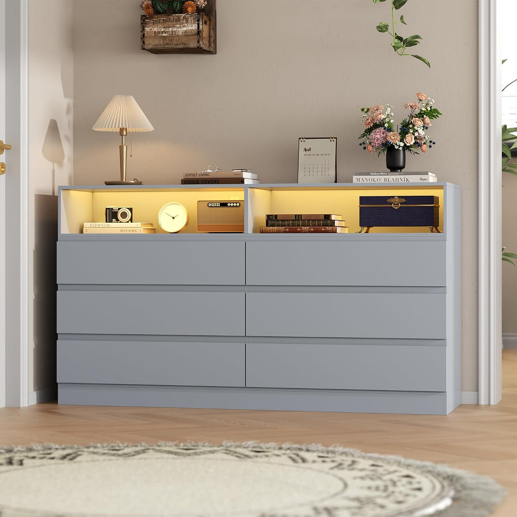 Gyfimoie 6 Drawer Dresser with Power Outlet, Modern Black Dresser Chest of Drawers with LED Ligh, Wooden Dressers TV Stand, Double Wide Dressers Organizer for Bedroom, Living Room, Entryway, Grey