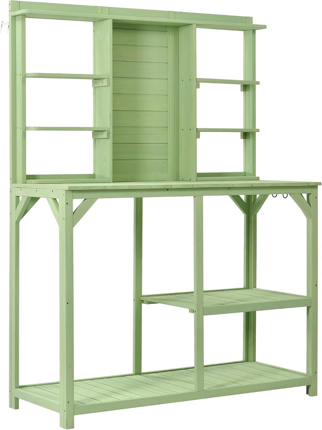 64.6' Outdoor Large Potting Bench Table,Wood Workstation with 6-Tier Shelves and Large Tabletop,Backsplash and Side Hook,for Mudroom Backyard Garden Patio (Green@Shelves)