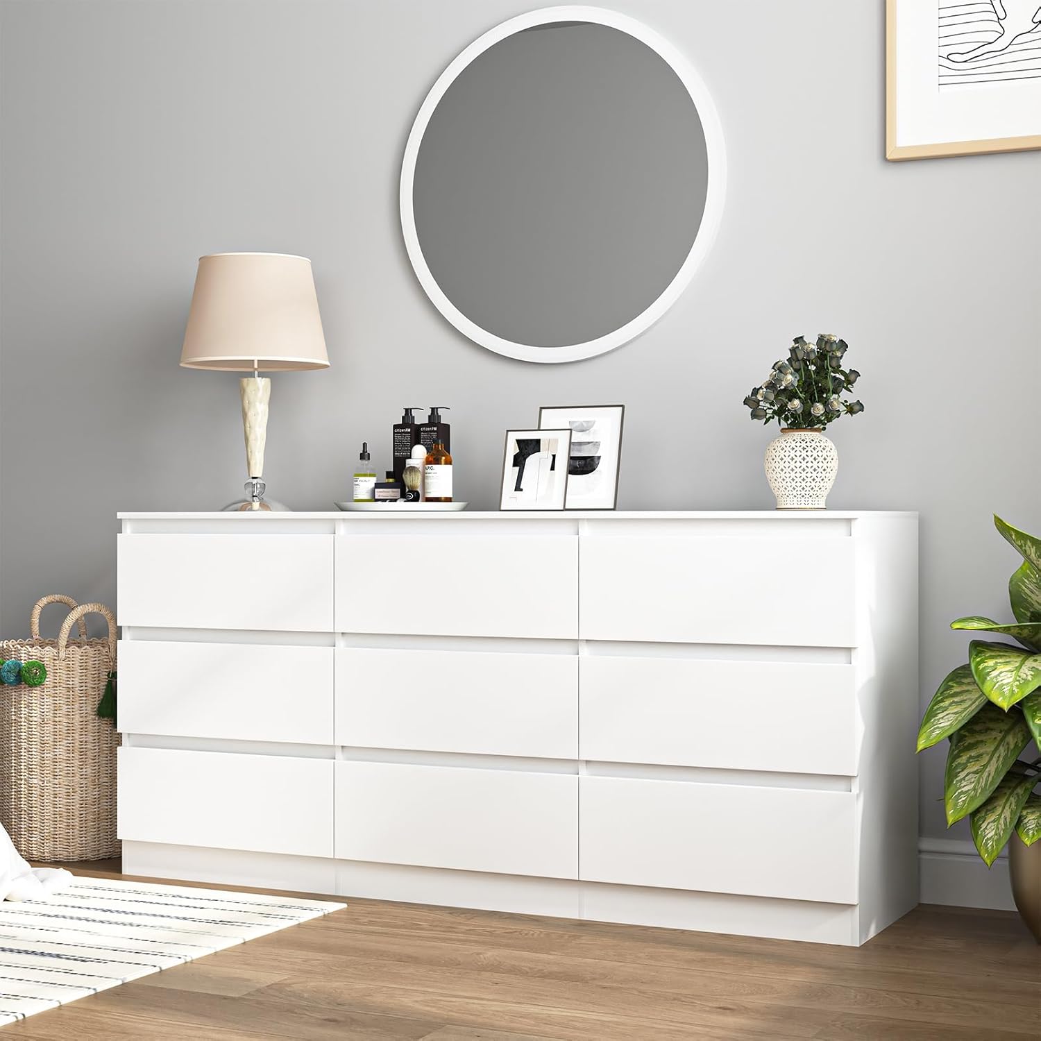 Vibe & Dine White Dresser 9 Drawer, Modern Long Dresser for Bedroom, Wood Chest of Drawers with Wide Storage for Living Room