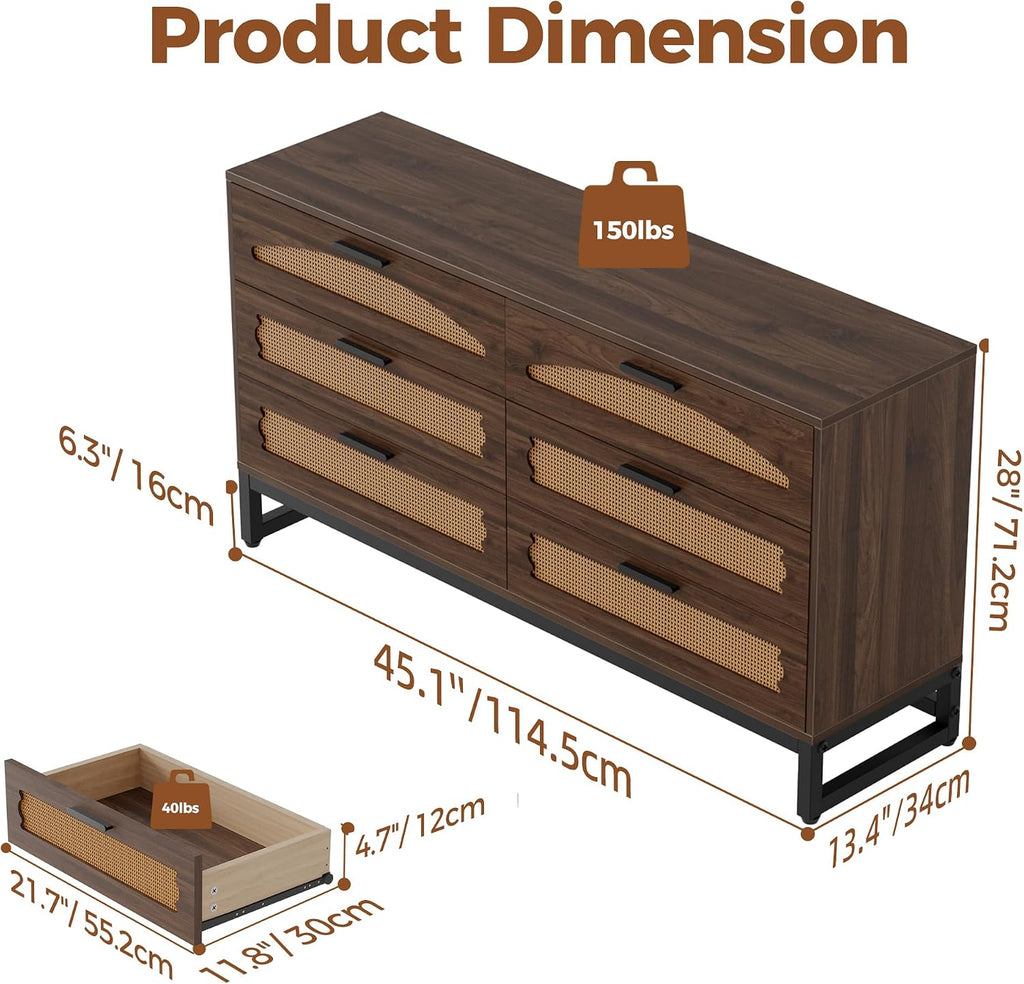 Mericonia 6 Drawer Double Dresser for Bedroom, Rattan Chest of Drawers, Modern Wooden Dresser Chest with Metal Frame for Bedroom, Living Room, Hallway and Entryway, Walnut