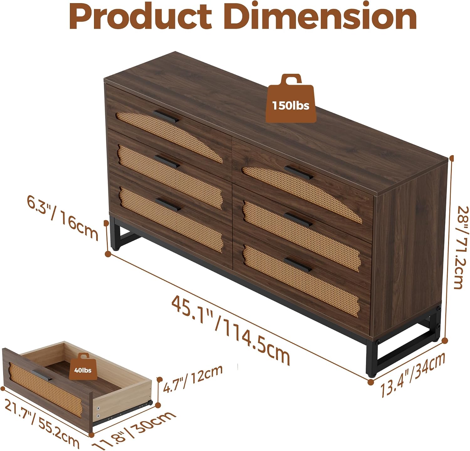 Mericonia 6 Drawer Double Dresser for Bedroom, Rattan Chest of Drawers, Modern Wooden Dresser Chest with Metal Frame for Bedroom, Living Room, Hallway and Entryway, Walnut