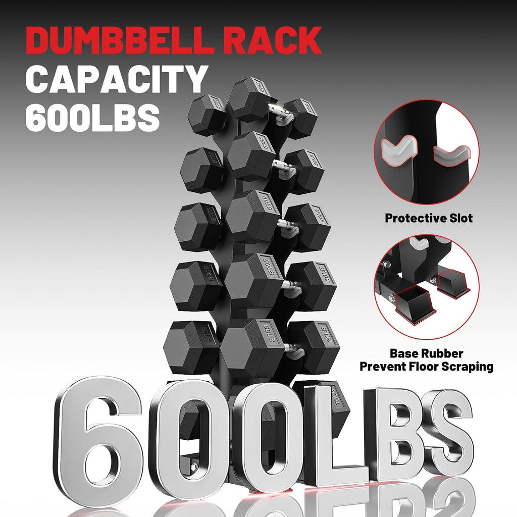 PAPABABE Hex Dumbbell Sets with Rack, 100-600lb Rubber Coated Dumbbell Weight Set and Storage Rack, Multiple Options Hand Weights for Strength Training