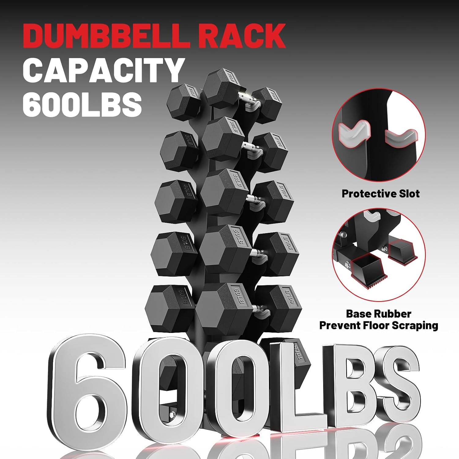 PAPABABE Hex Dumbbell Sets with Rack, 100-600lb Rubber Coated Dumbbell Weight Set and Storage Rack, Multiple Options Hand Weights for Strength Training