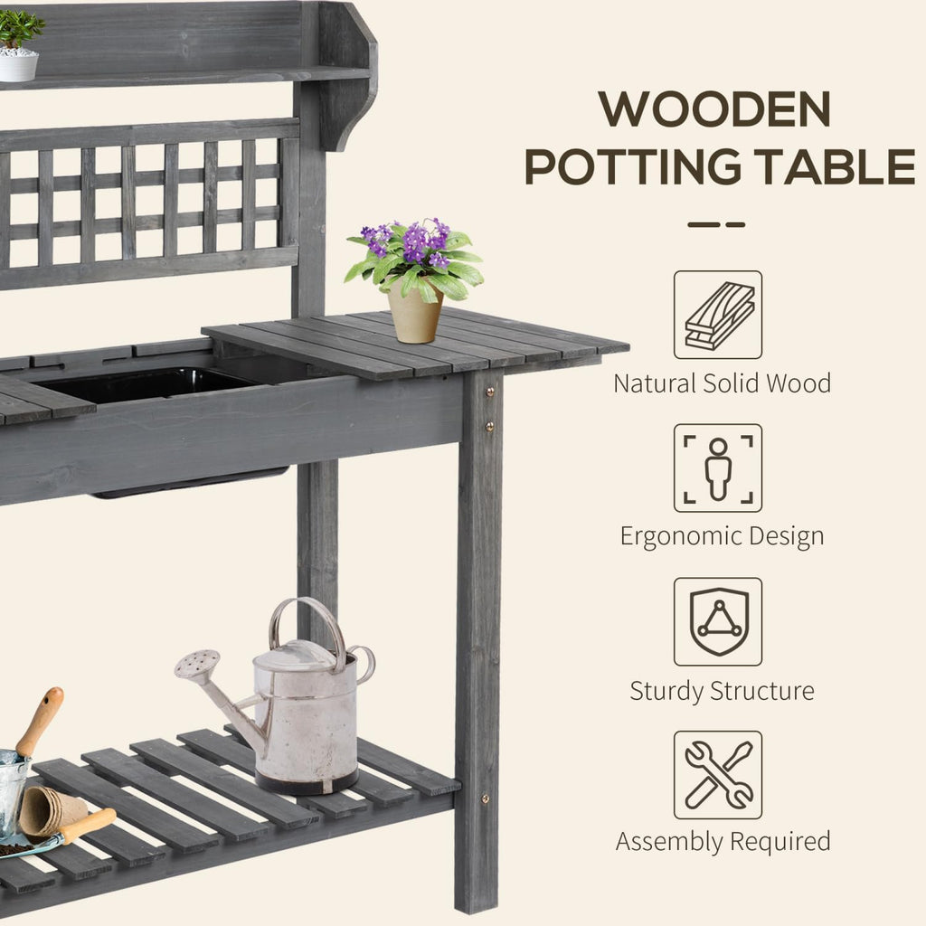 Outdoor Potting Bench Table, Wooden Workstation, Storage Shelf and Dry Sink