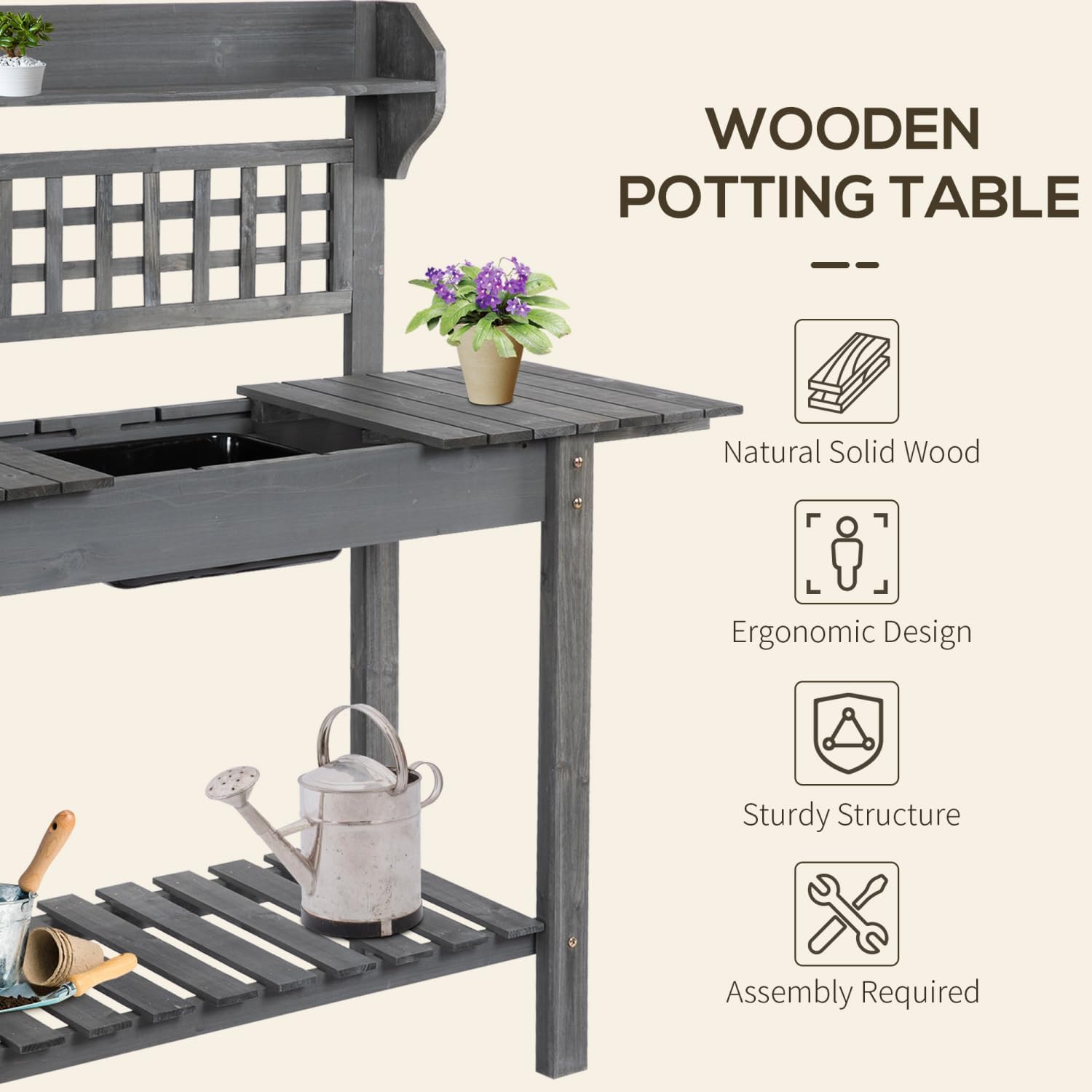 Outdoor Potting Bench Table, Wooden Workstation, Storage Shelf and Dry Sink
