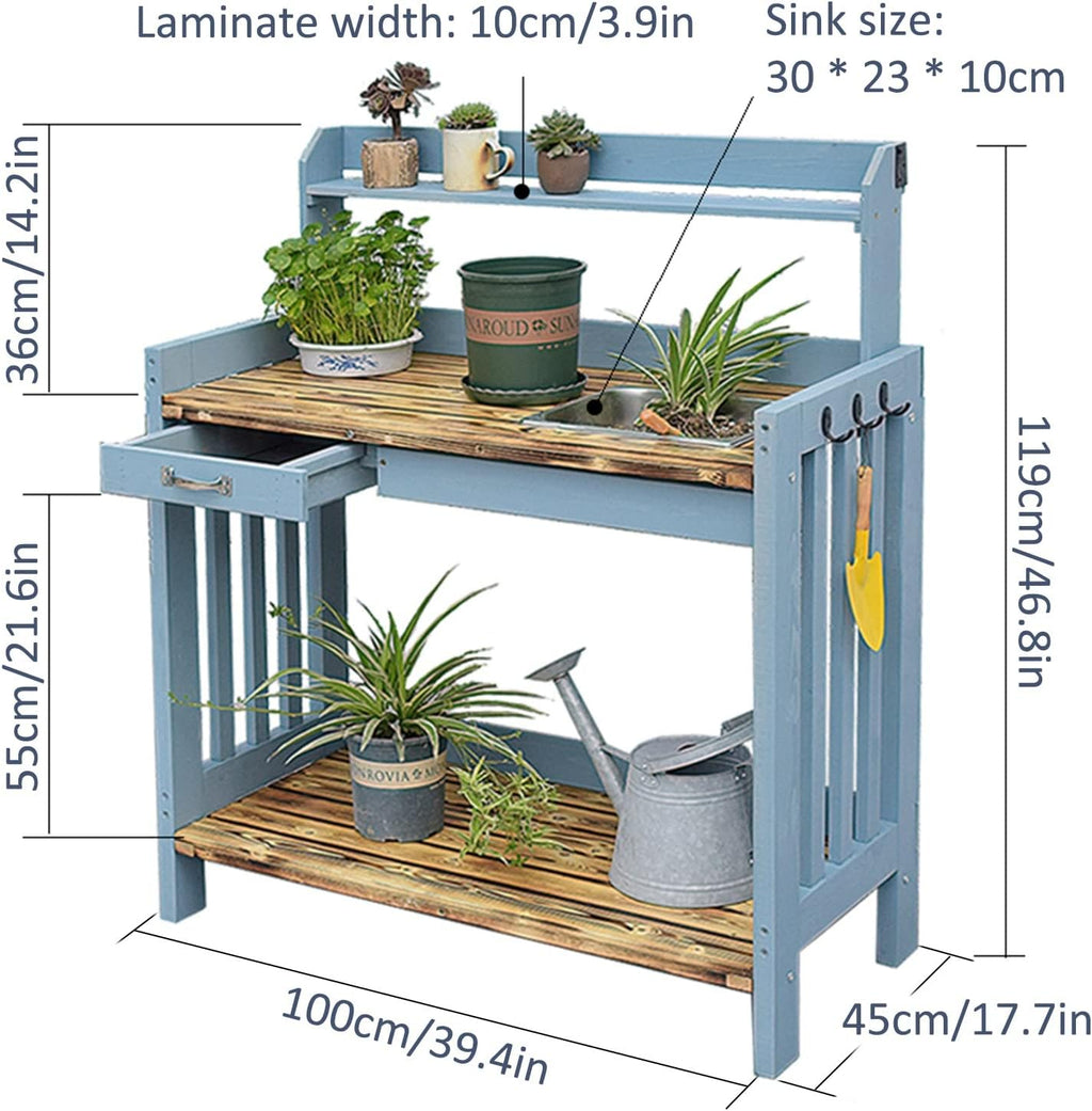 Outdoor Sink Station Open Shelves with Hooks, Removable Sink & Drawer Gardening Bench Potting Table (Blue 100x45x119cm)