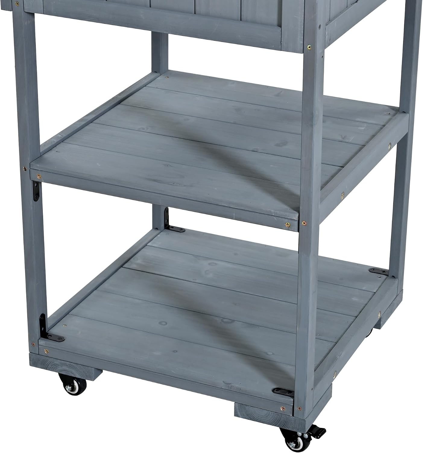 62.3'' Patio Kitchen Island Cart with Stainless Table Top,Solid Wood Garden Potting Bench with Raised Shelf and Drawers, Grill Prep Table for BBQ, Party (Gray-E)