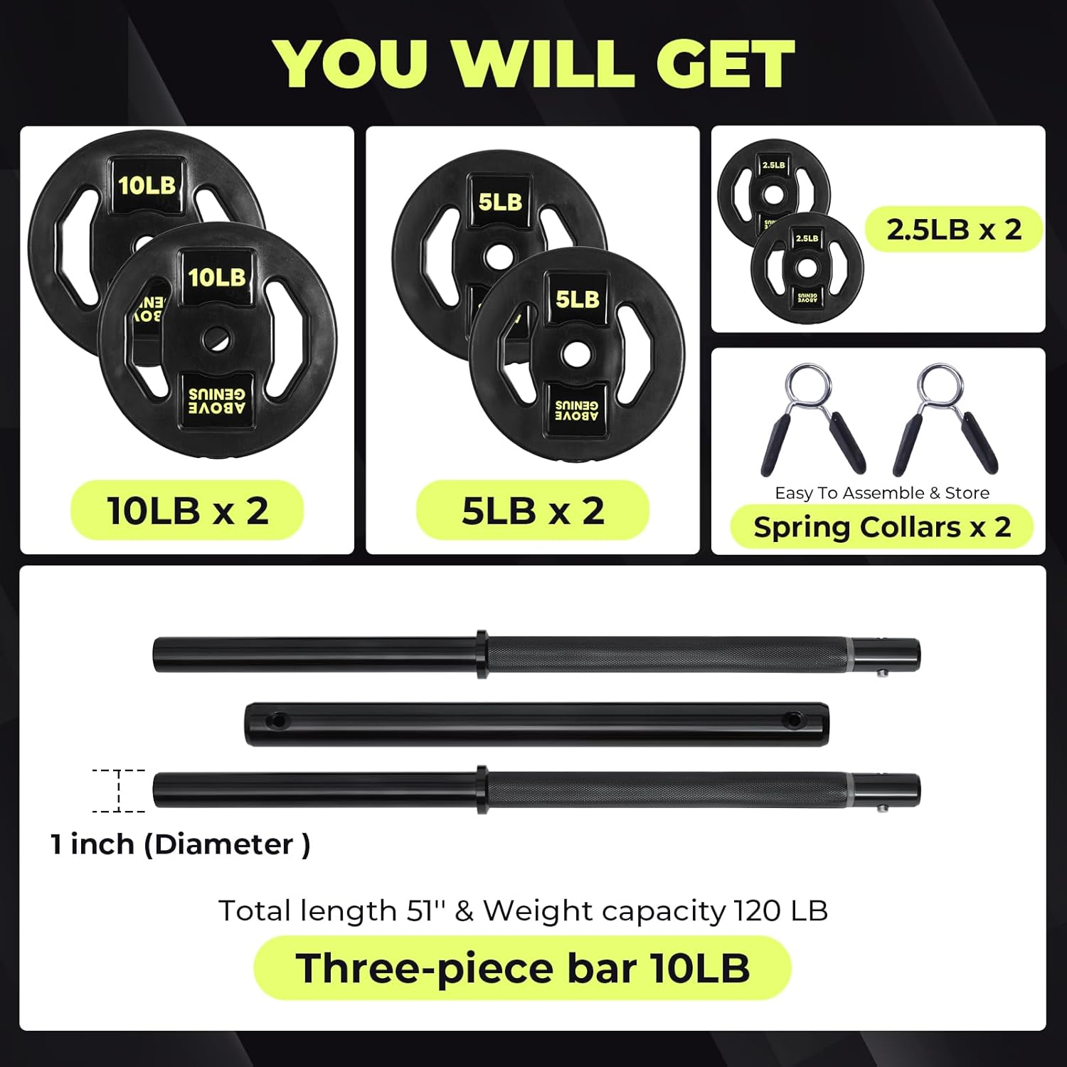 AboveGenius Barbell Weight Set, 45 LB Adjustable Free Weights Bar Set for Home Gym Strength Training, Full Body Workout, Muscle Building, Home Fitness Weight Lifting Equipment