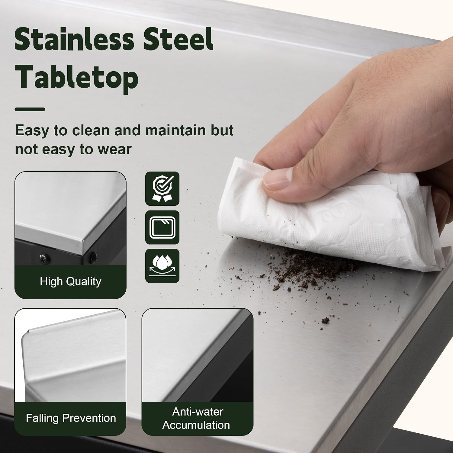 Feasto Heavy-Duty Potting Bench with Storage & Stainless Steel Top | Outdoor Garden Work Table with 200lb Capacity, Adjustable Shelf & Feet, Black
