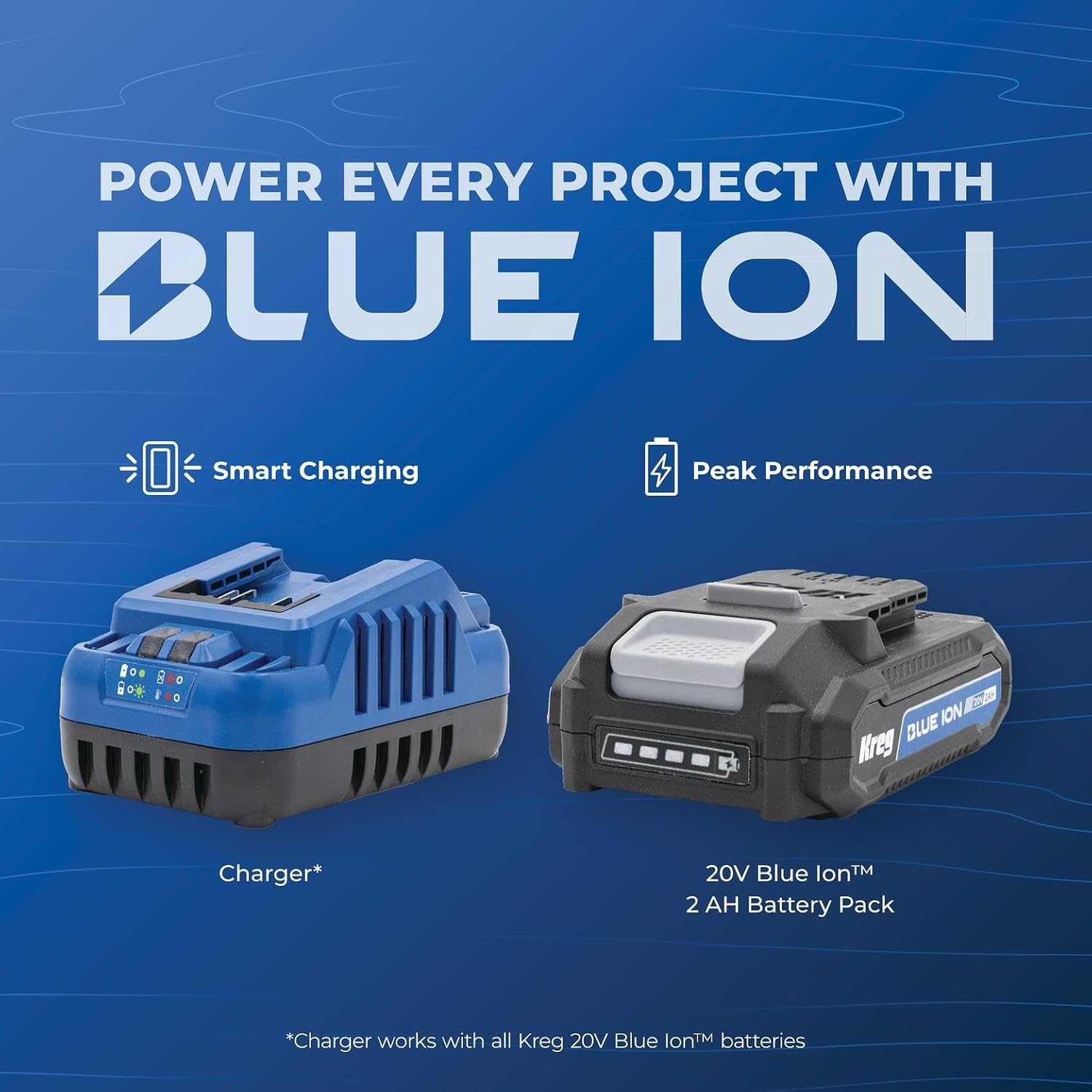 Kreg 20V Ionic Drive 1/4' Compact Impact Driver, 20V Blue Ion Charger & Blue Ion 2Ah Battery Pack - Compact, Cordless Driver with 2,200 in-lbs of Torque - 20V Variable Speed - LED Light - KPTBDV025A