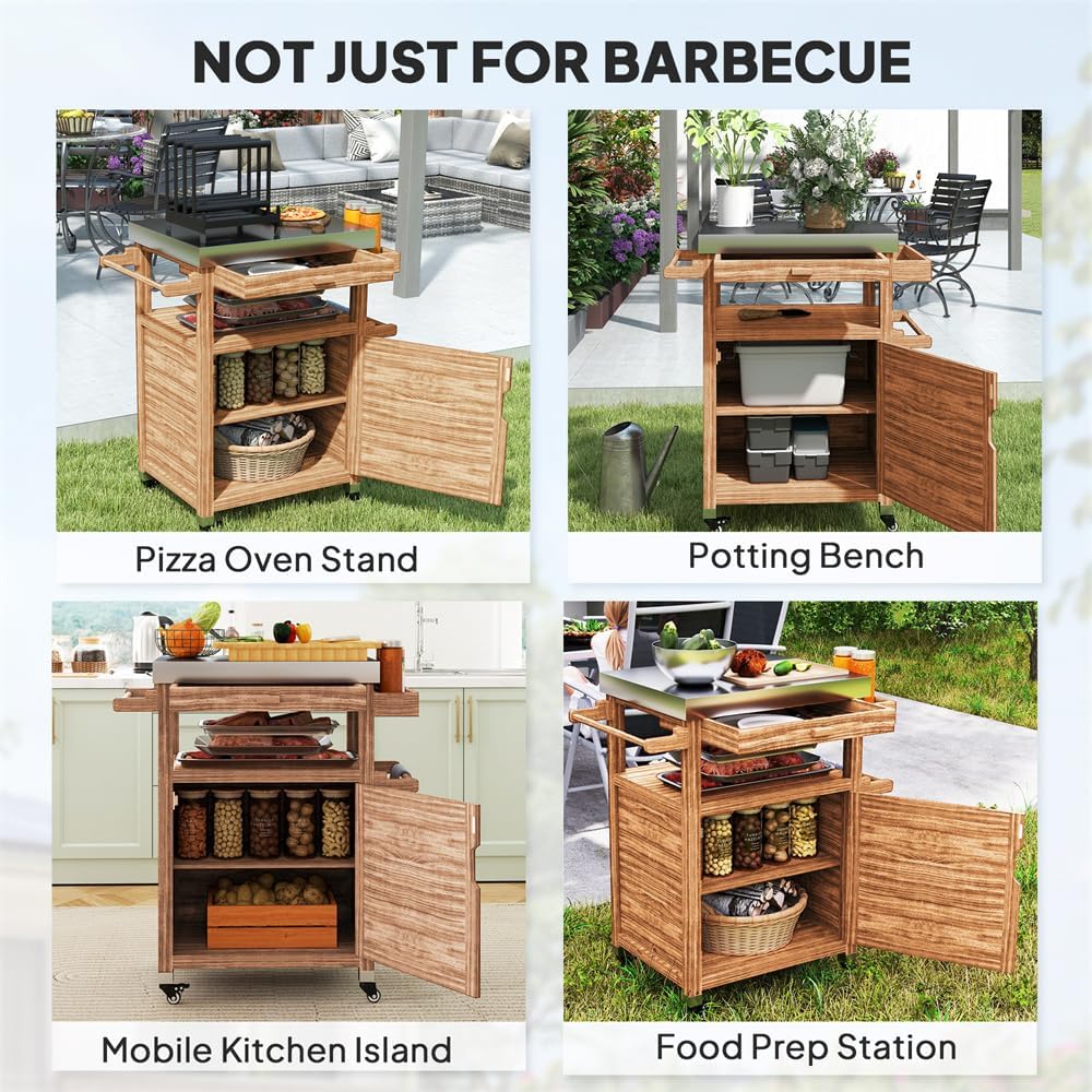 Outdoor Grill Cart with Storage Cabinet, Lockable Wheels & Spice Rack - Stainless Steel BBQ Prep Table for Pizza Oven, Serving Cart, Potting Table (Brown, 33.3' W)