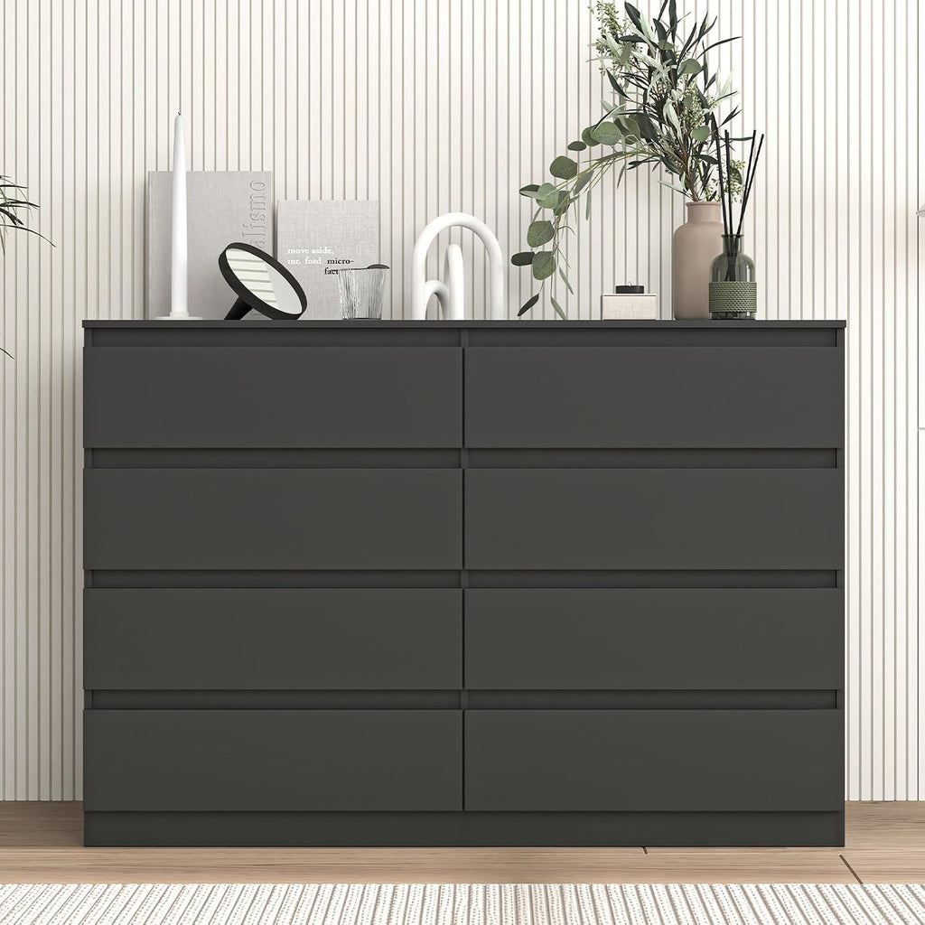 Vibe & Dine Double Dresser 8 Drawer, Modern Wooden Chest of Drawers with Wide Storage for Closet, Bedroom, Living Room, Black