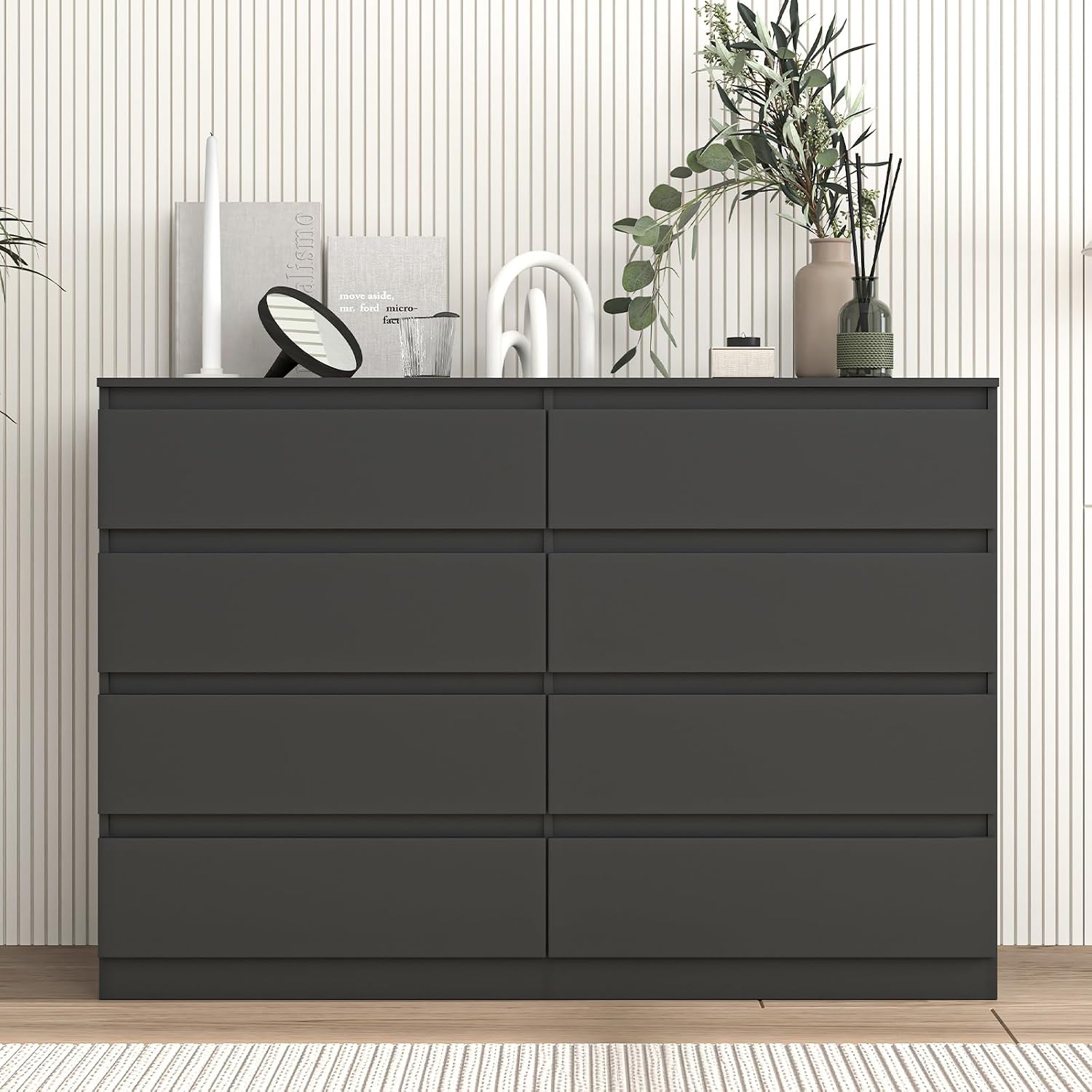 Vibe & Dine Double Dresser 8 Drawer, Modern Wooden Chest of Drawers with Wide Storage for Closet, Bedroom, Living Room, Black